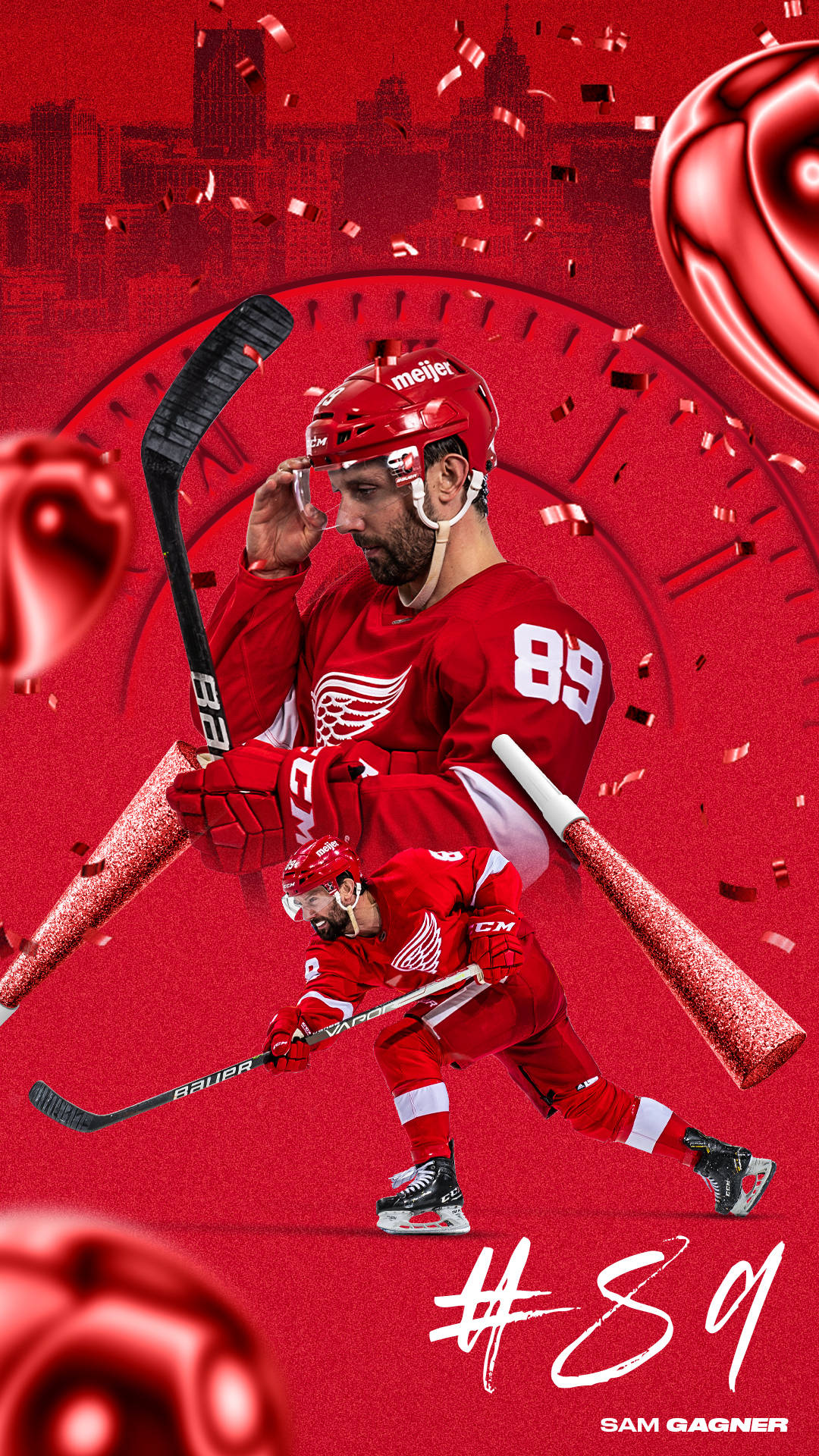Detroit Red Wings Sam Gagner 藝術海報 壁紙 — 冰球運動員 Sam Gagner 身穿紅色球衣，在充滿活力的紅色背景上動態擺姿勢，背景有漂浮的玫瑰和五彩紙屑。