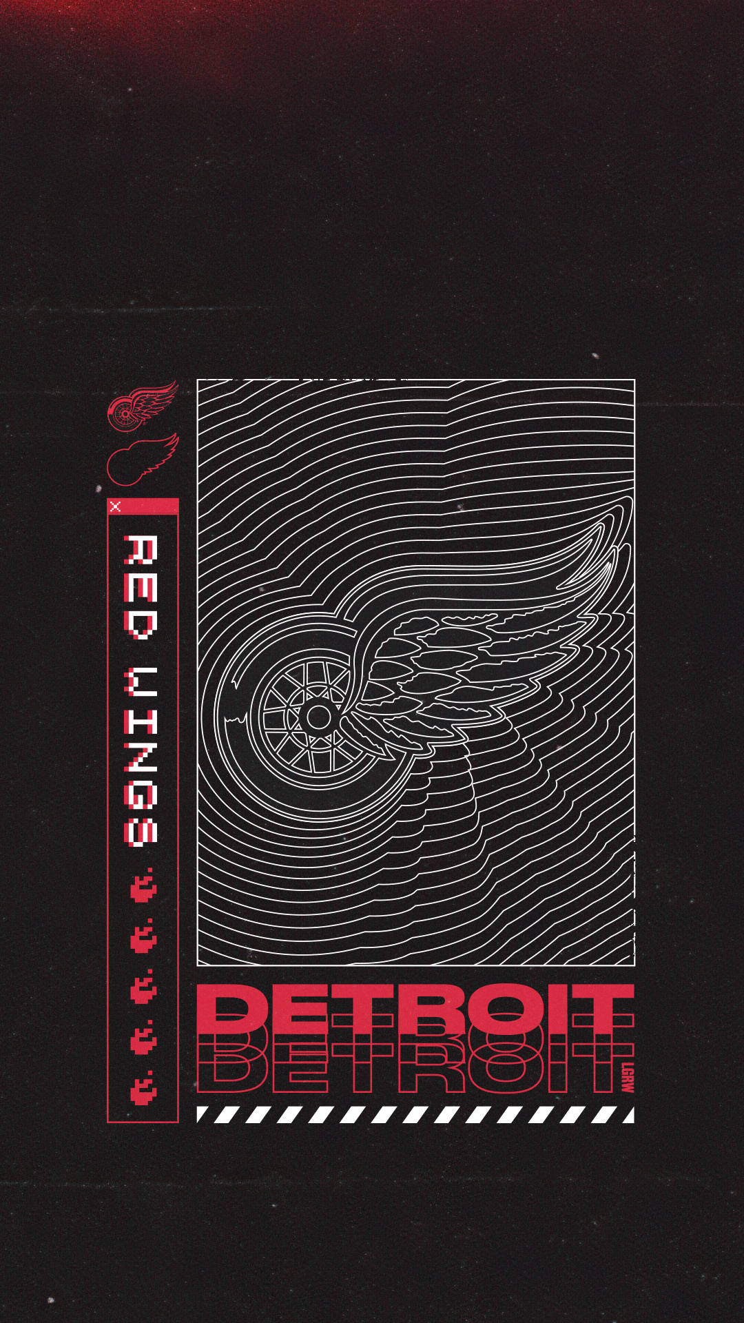 Detroit Red Wings 隊標藝術圖 壁紙 — 一個風格化的底特律紅翼標誌，帶有帶翼的輪子和同心線，黑色背景上配有紅色文字。