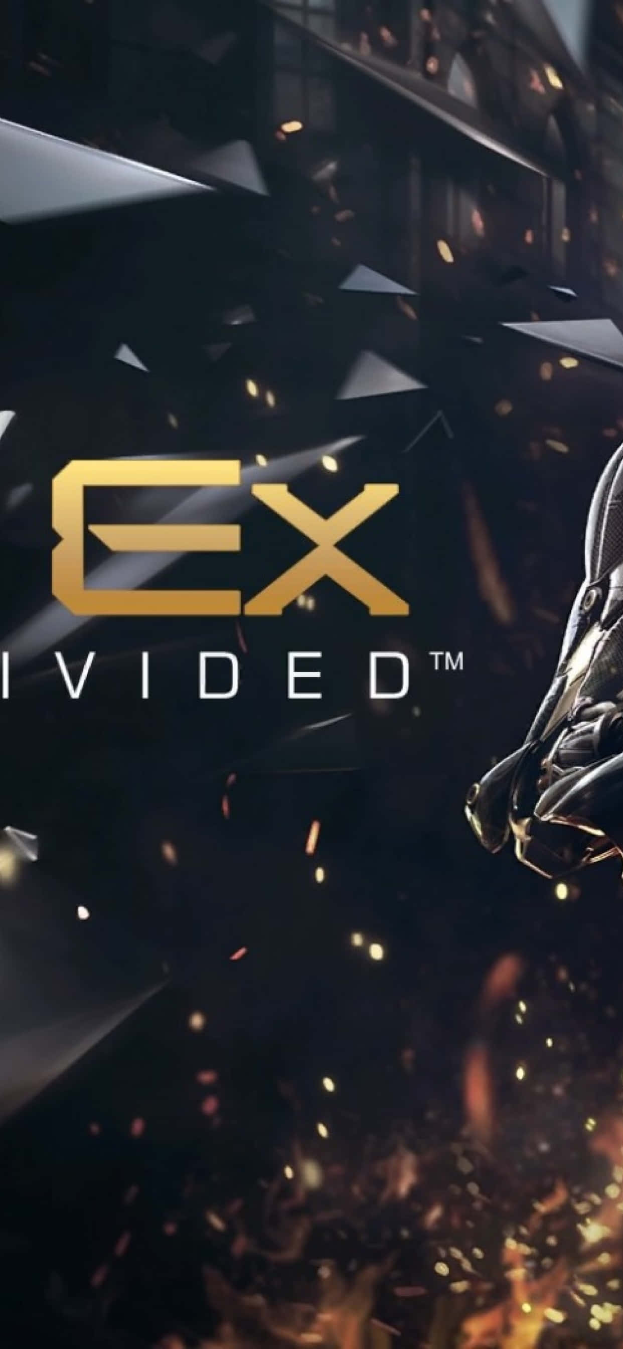 《Deus Ex: Mankind Divided》的賽博龐克世界 壁紙 — 一個黑暗的電影風格遊戲封面，帶有金色 'EXDIVIDED' 文字和機械臂，周圍漂浮碎片和發光的餘燼。