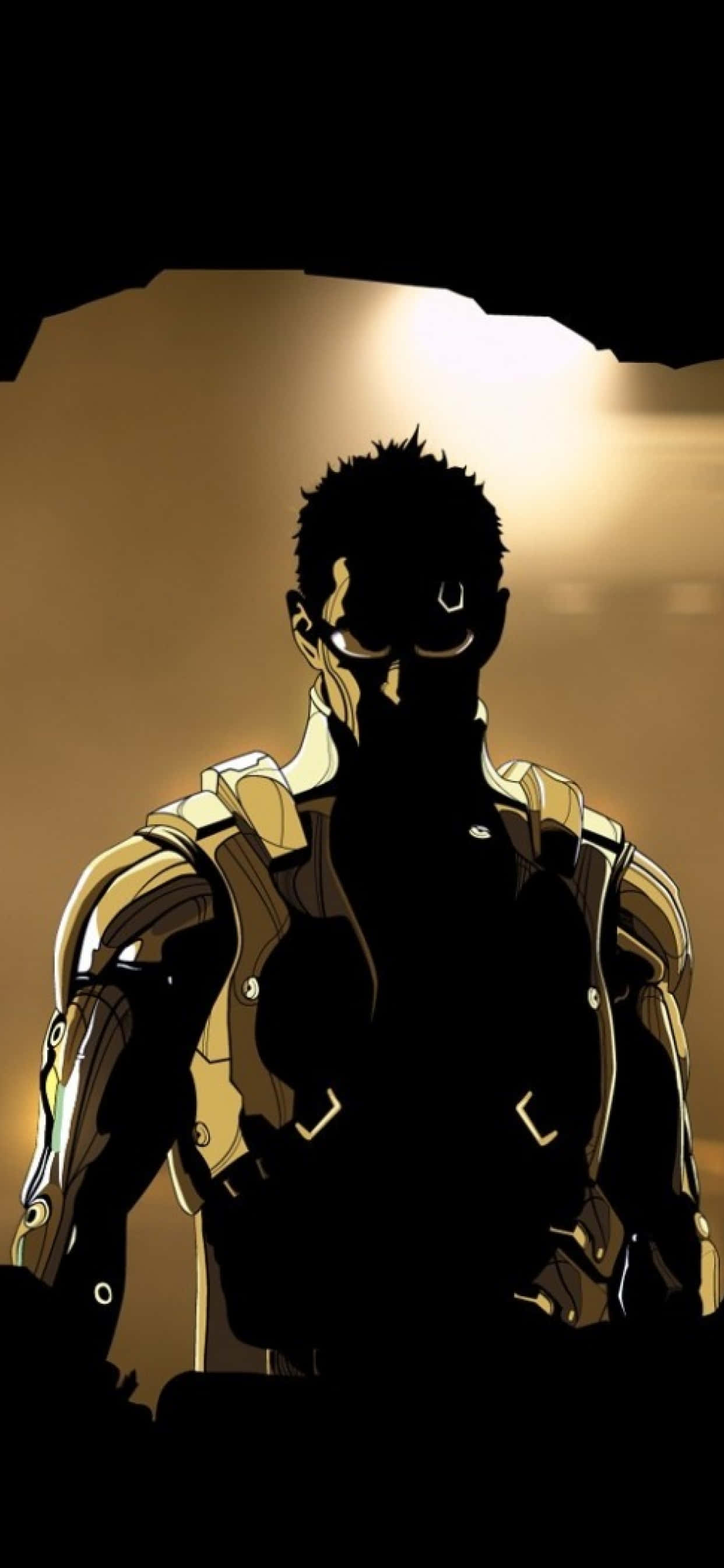 《Deus Ex: Mankind Divided》：升級你的賽博朋克體驗 壁紙 — 一個剪影的裝甲戰士站在昏暗的洞穴中，金色光線照亮他戴頭盔的頭部和肩甲。