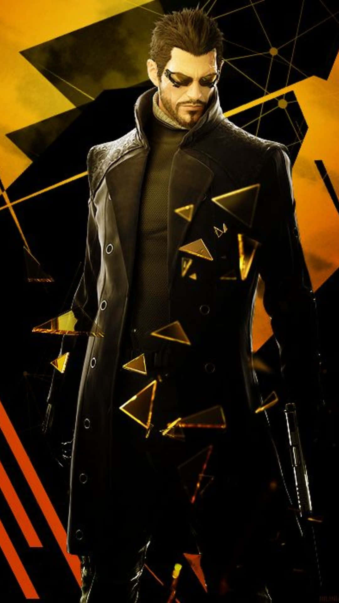 《Deus Ex: Mankind Divided》：一款令人興奮的科幻遊戲 壁紙 — 一個身穿深色西裝、戴著太陽眼鏡和鬍鬚的男人站在一個帶有浮動三角形的幾何金色和黑色背景前。