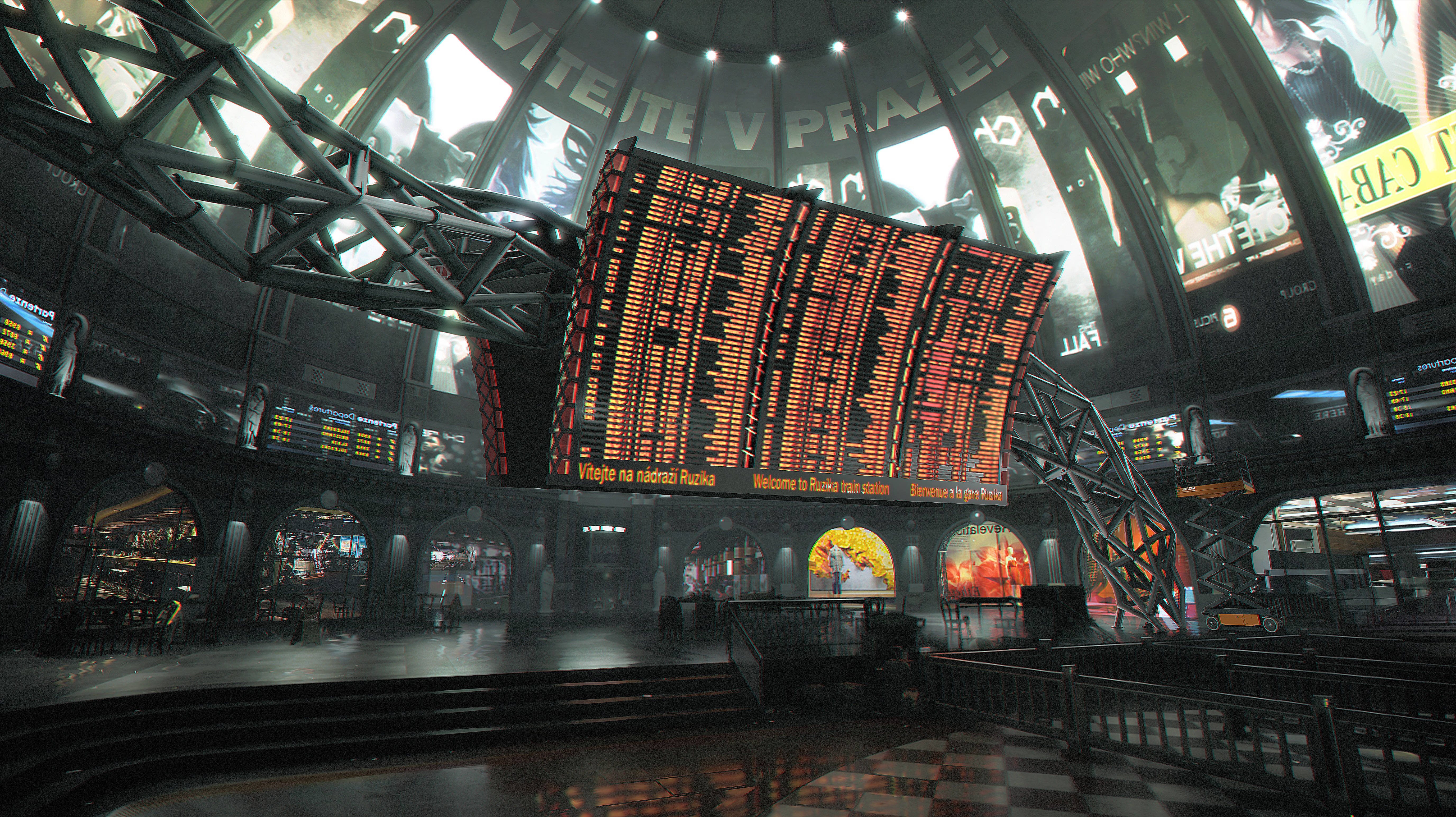 《Deus Ex：人間分裂》魯齊卡車站 壁紙 — 一個未來感火車站，設有發光數碼顯示板及拱形建築，上方為玻璃穹頂。