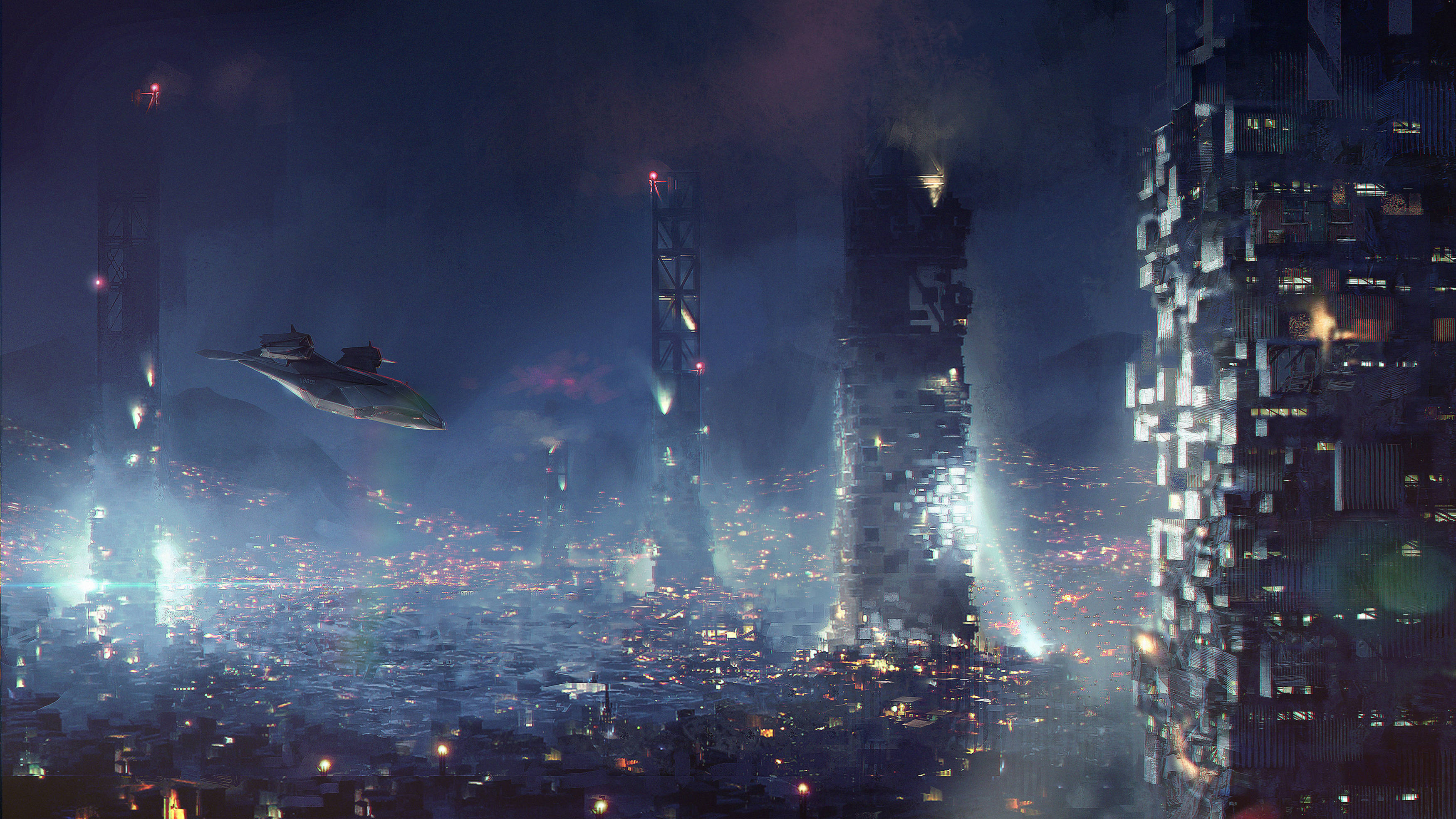 Deus Ex 未來都市 壁紙 — 未來城市夜景，高聳的摩天大樓與流線型飛行器在煙霧瀰漫的霓虹燈光中滑翔。