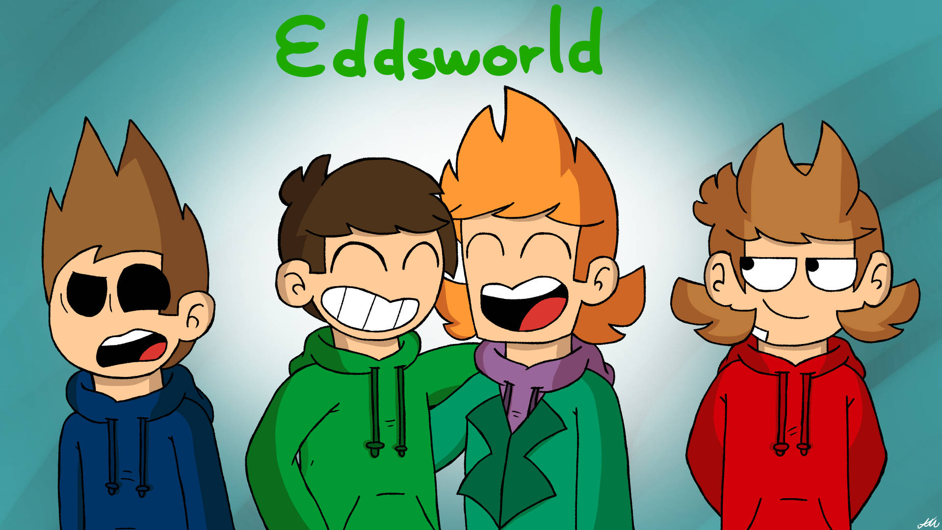 DeviantArt Eddsworld 集體角色 壁紙 — 來自 Eddsworld 的四個卡通角色，帶著誇張的表情站在青綠色漸變背景前。