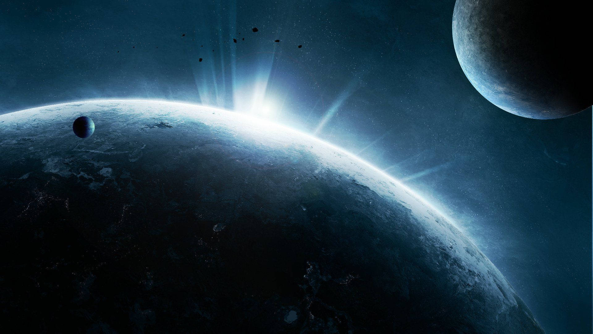 太空日出 DeviantArt 壁紙 — 令人嘆為觀止的景色：行星彎曲的地平線在日出中閃耀，而月球在宇宙天空中顯得巨大。