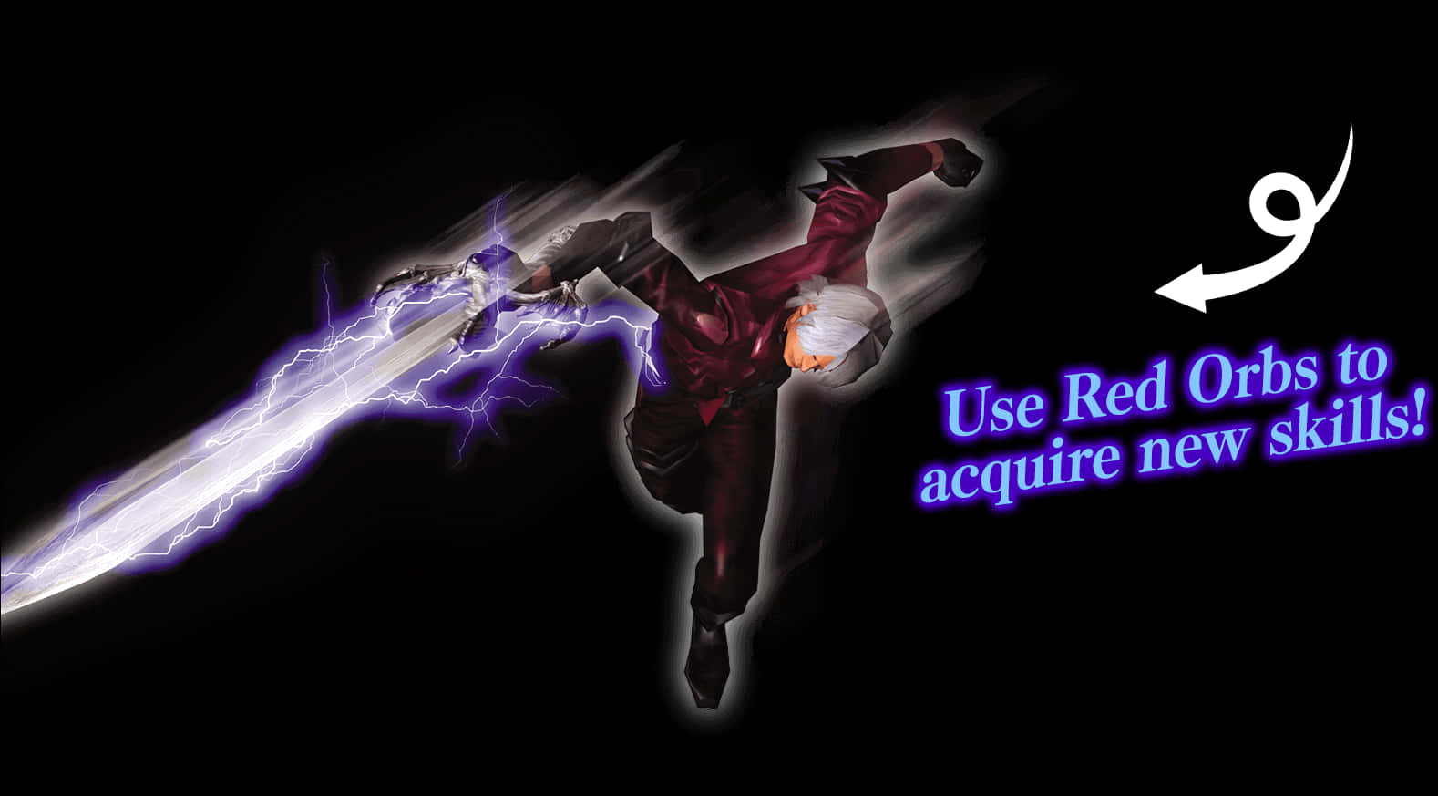 電光劍角色：Devil May Cry 壁紙 — 一位白髮動漫戰士身穿紅色盔甲，用一把閃電強化的劍在黑色背景上揮砍。