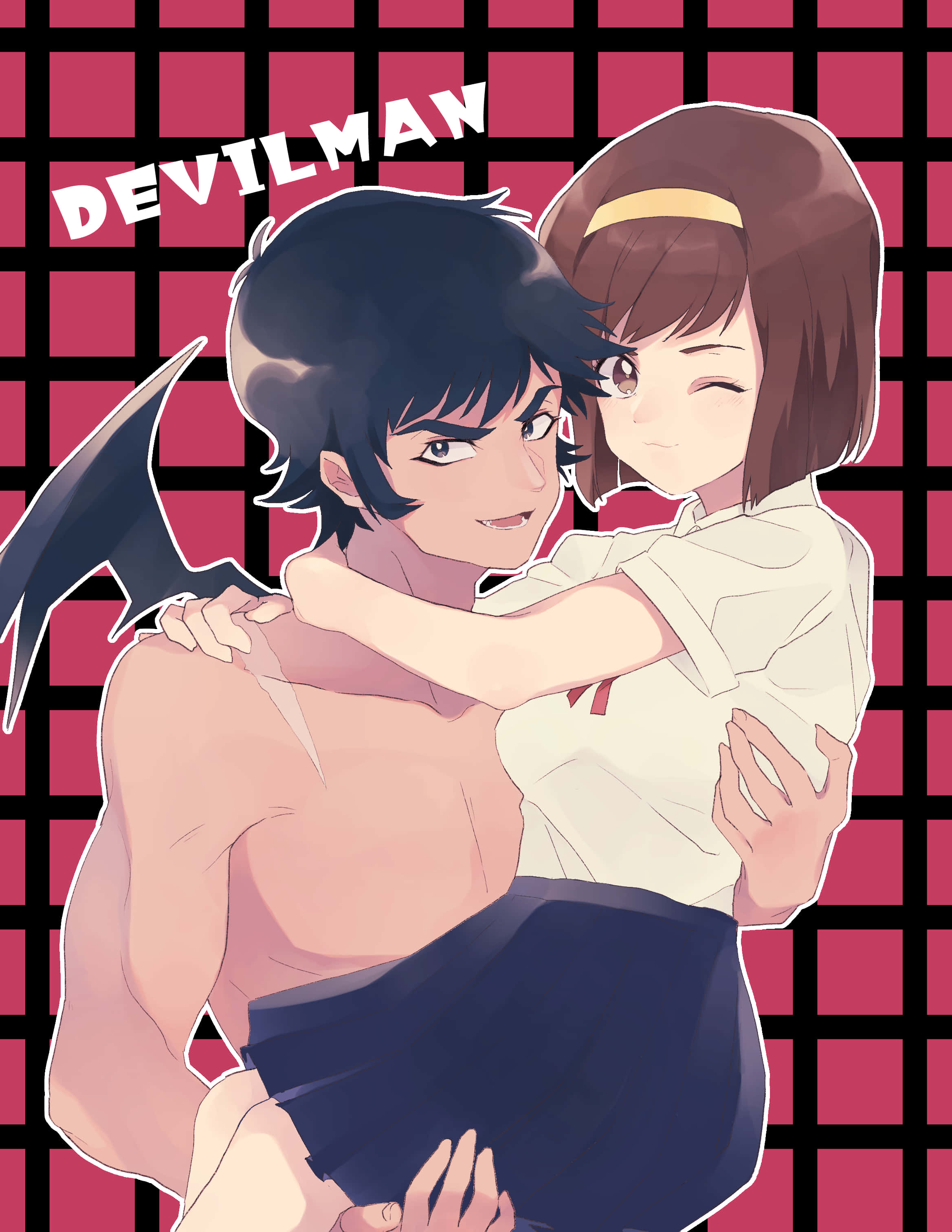 Devilman Crybaby Miki Makimura 桌布 壁紙 — 一個擁有蝙蝠翅膀的惡魔人角色，在紅黑格仔背景前擁抱一個微笑的校服女孩。