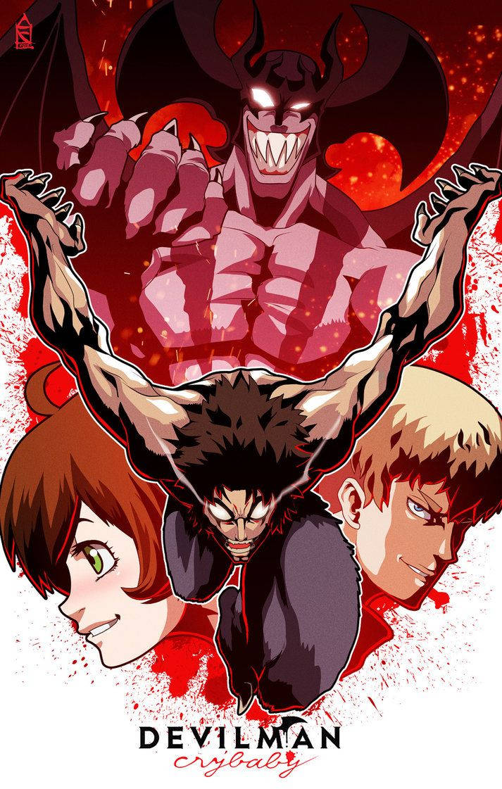 Devilman Crybaby 動漫海報，帶有惡魔身影和角色，背景為紅色。