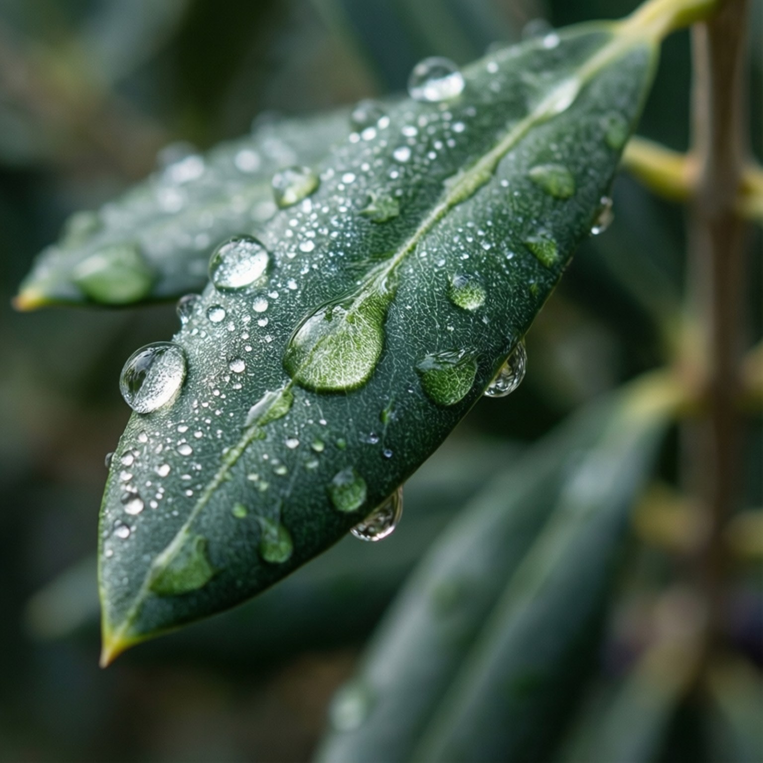 特寫一片佈滿閃爍水珠的綠葉。