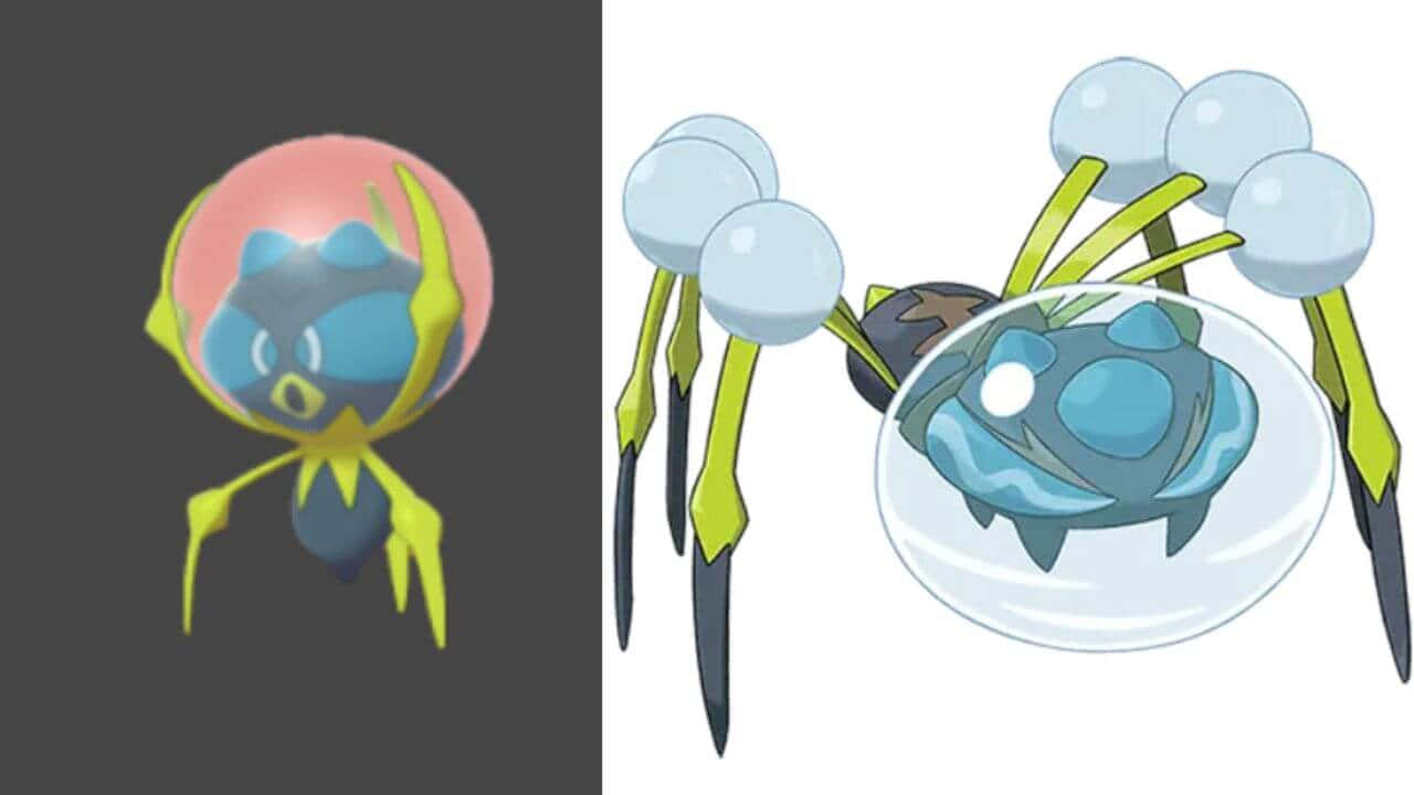 阿拉夸尼德與 Dewpider 的遊戲圖像 壁紙 — 一隻藍黃色、像蜘蛛嘅Pokémon，有透明泡泡身體同六條泡泡尖端嘅腳。