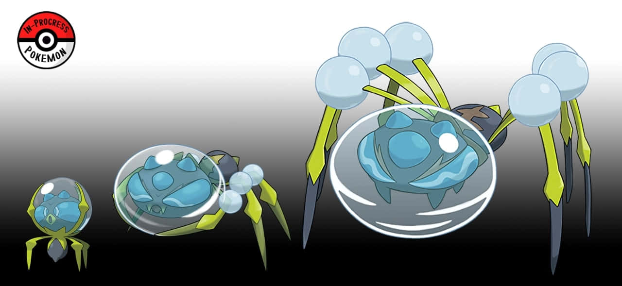 Dewpider 進化圖表 壁紙 — 一個藍色和黃色、類似蜘蛛的寶可夢，帶有氣泡狀附肢，在漸變背景上展示四個進化階段。