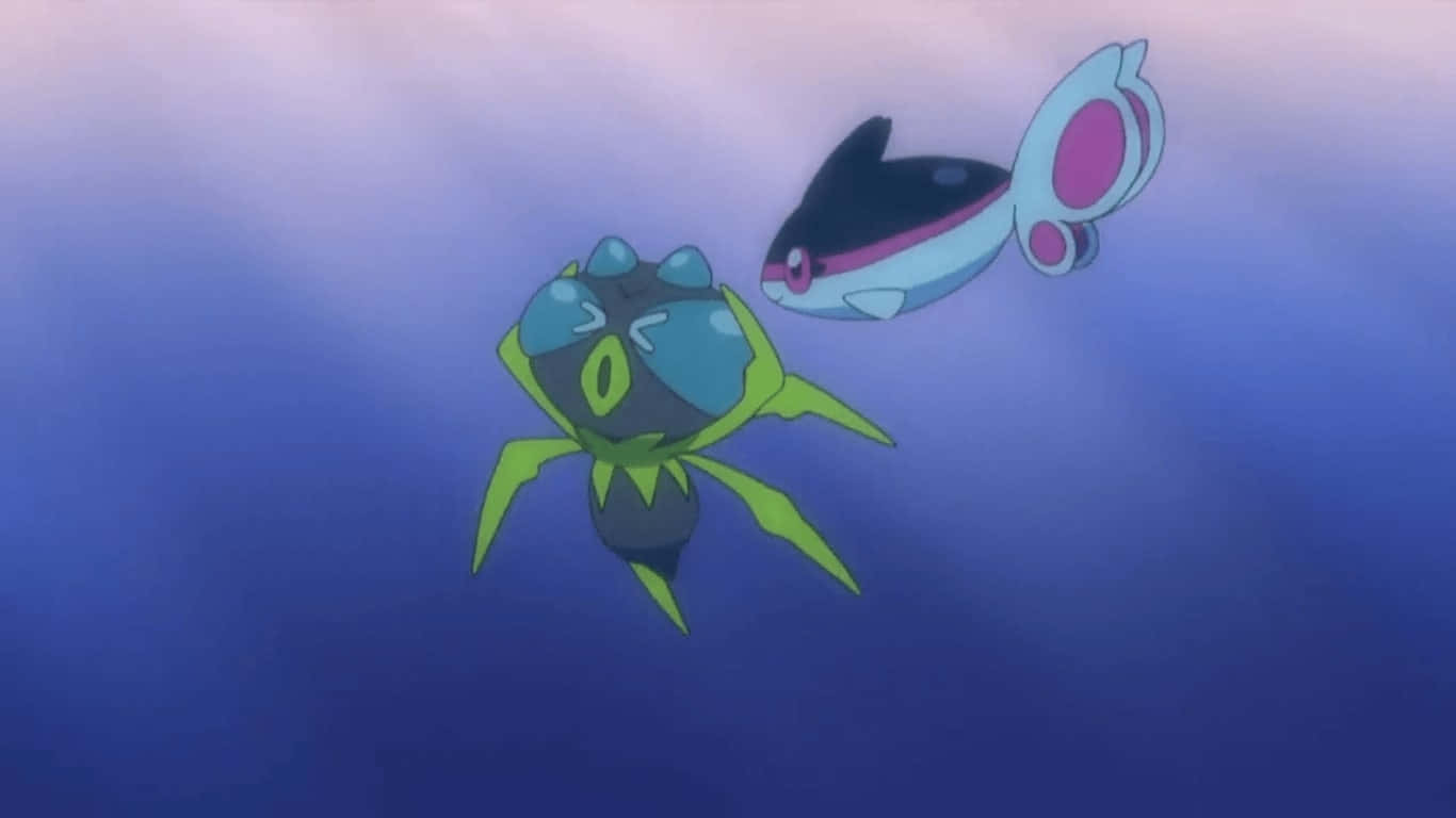 Dewpider 海底世界 壁紙 — 兩隻動漫風格嘅寵物小精靈喺深藍色海水入面優雅咁游水，上面有陽光射落嚟。