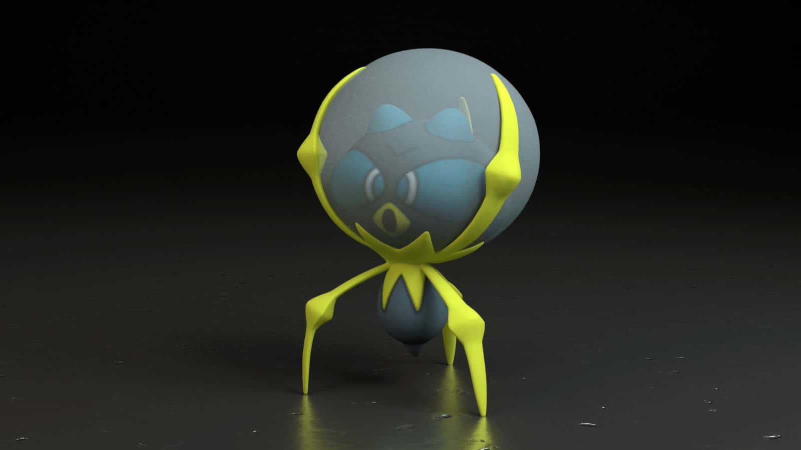 Dewpider 玩具 壁紙 — 一個發光的藍色和黃色球形寶可夢，帶有蜘蛛般的腿，站在黑色背景的深色反光表面上。