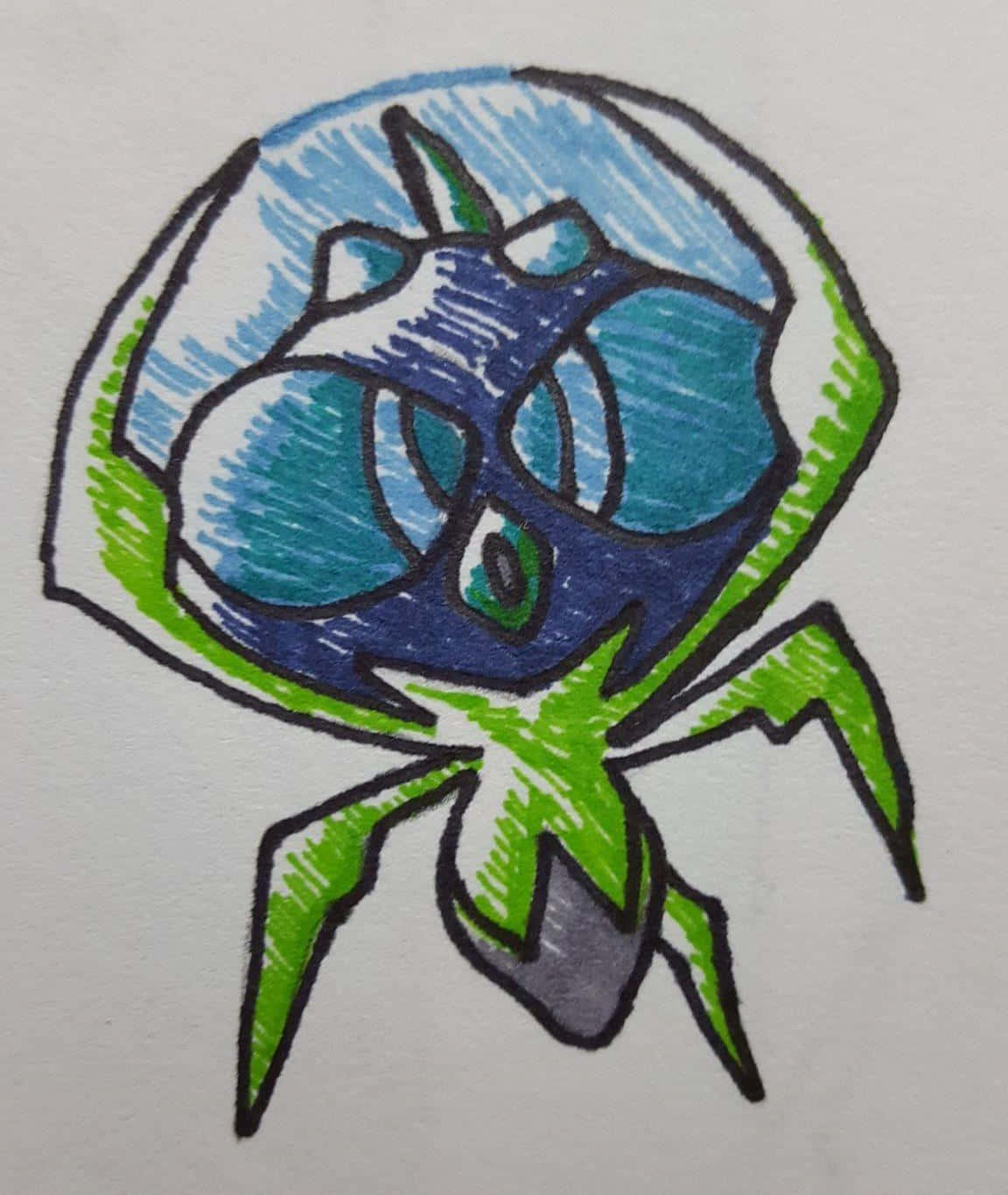 Dewpider 繪畫插圖 壁紙 — 一隻手繪卡通蜘蛛，藍色臉部，綠色四肢，在白色紙上以黑色勾勒輪廓。