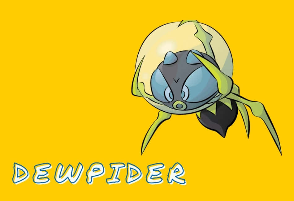Dewpider 黃色背景 壁紙 — 一隻名為Dewspider的卡通蜘蛛寶可夢從破裂的蛋中出現，背景為亮黃色。