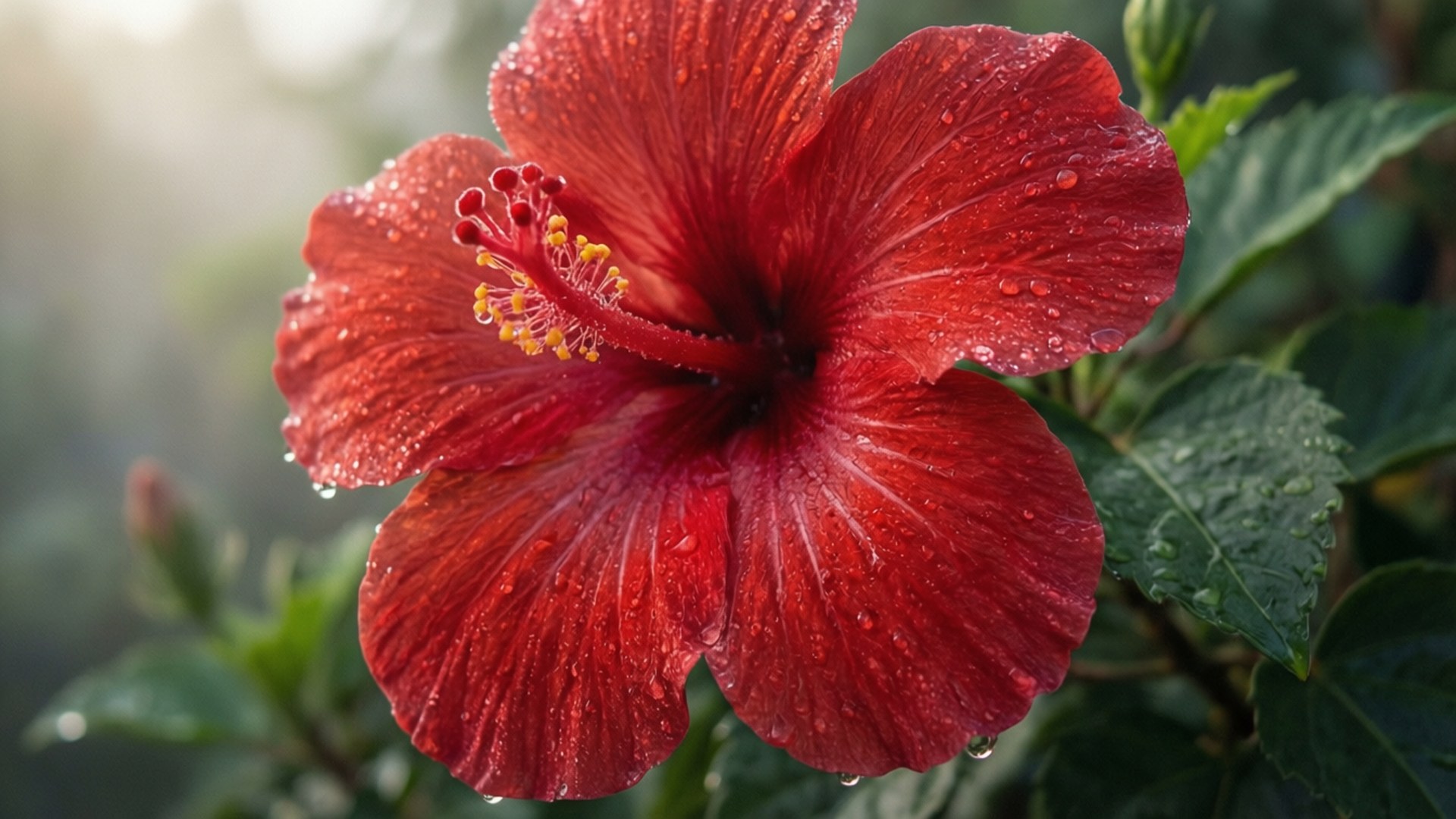 一朵紅色木芙蓉花，花瓣上有水滴，綠葉在柔焦背景中。