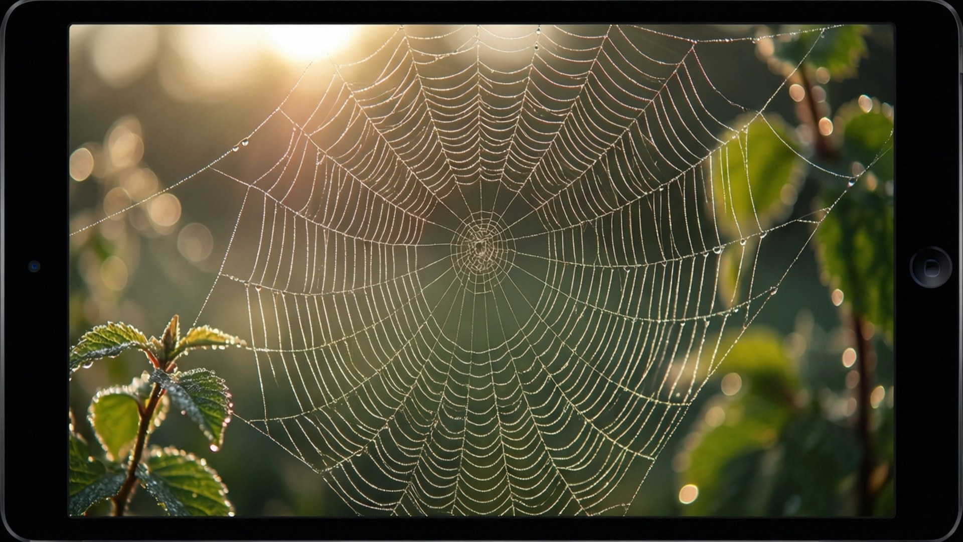 沾滿露水的蜘蛛網在晨光中閃耀，背景是柔焦的綠葉