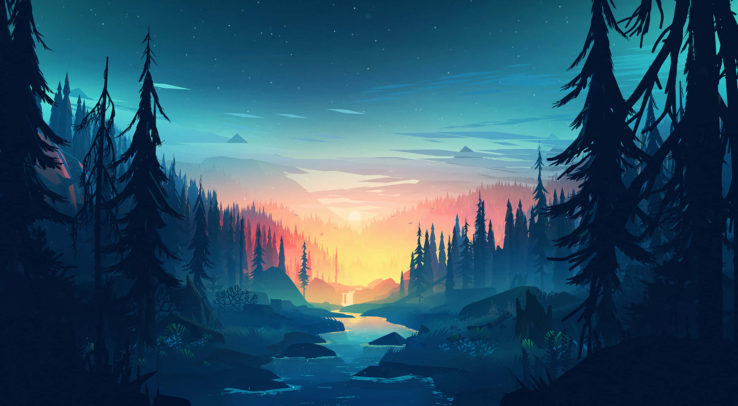 三星 DeX 與溫暖夕陽 壁紙 — 星空下，一條發光的河流蜿蜒穿過松樹林的寧靜黃昏森林場景。