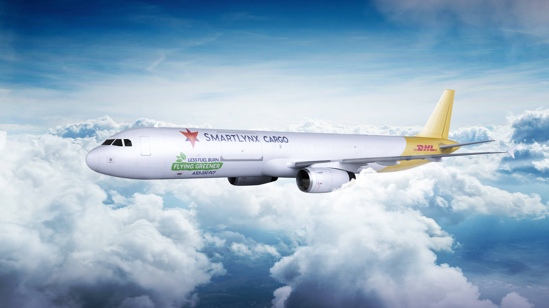 DHL在貨運飛機上 壁紙 — 一架白色DHL SmartLynx Cargo飛機在明亮的藍天下翱翔於蓬鬆的白雲之上。