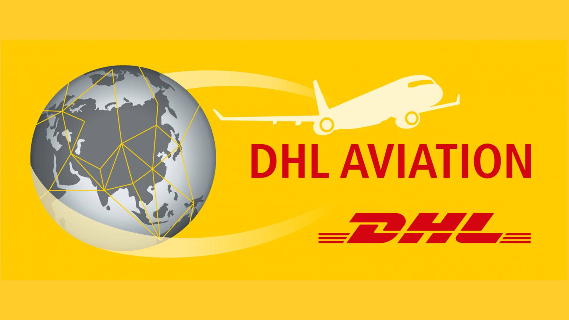 DHL航空飛行 壁紙 — 鮮黃色背景上有一個灰色地球儀，帶有黃色飛行路線，以及一架白色飛機飛向粗體紅色的DHL Aviation文字。