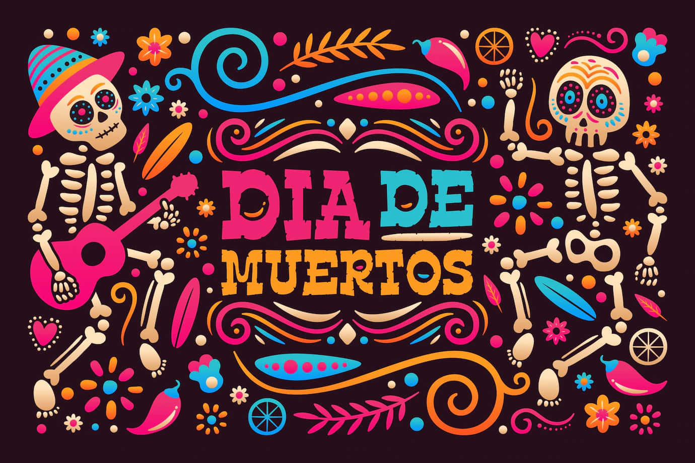 Dia de los Muertos 骷髏彈結他配繽紛裝飾 壁紙