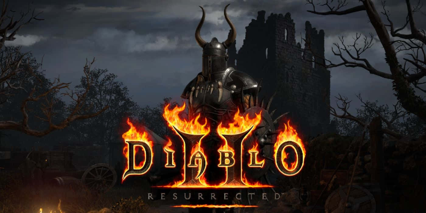 Diablo 2: Resurrected 桌面海報 壁紙 — 一個身穿有角盔甲的惡魔騎士站在一座 crumbling 城堡前，燃燒的 Diablo Resurrected 標誌在暴風雨的夜空中發光。