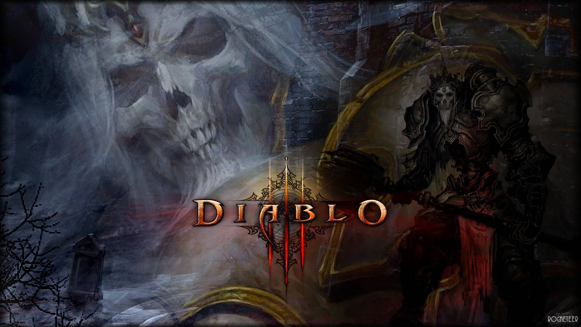 Diablo III 標誌與惡魔頭骨和裝甲戰士在黑暗奇幻場景中。
