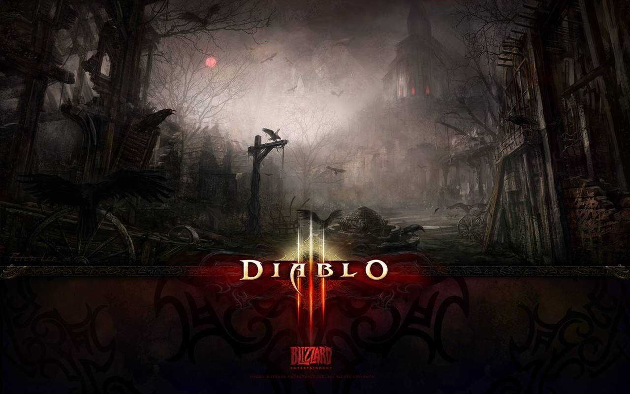 黑暗奇幻遊戲場景，有廢墟建築和紅色月亮，帶有 Diablo III 標誌。