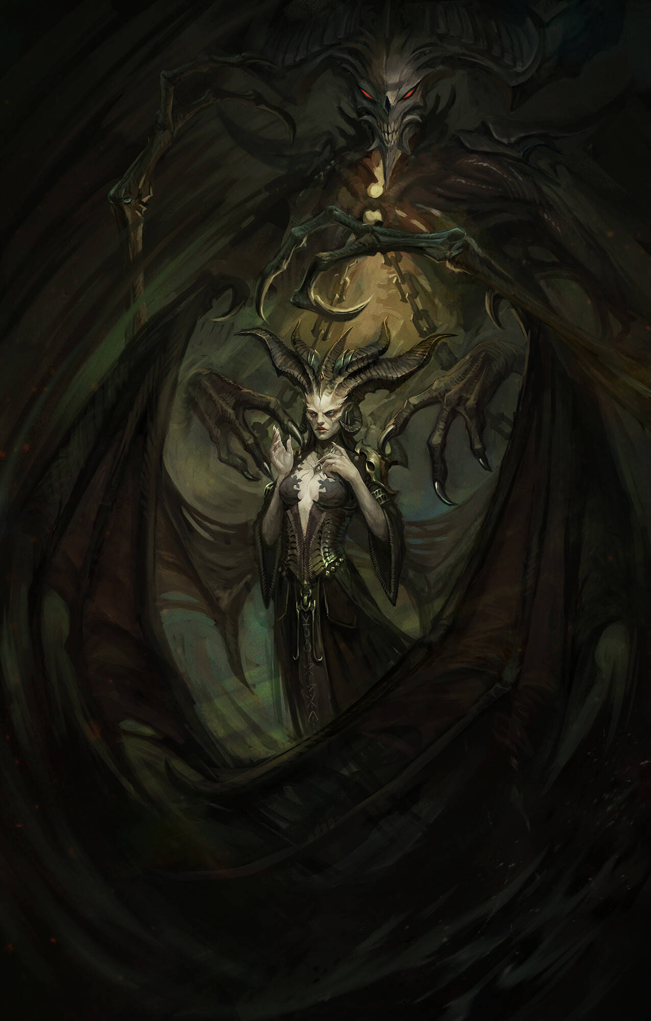 Diablo 4 莉莉絲爪 壁紙 — 一個黑暗奇幻插圖，描繪一位頭上有角的女性身穿華麗盔甲，站在一個擁有發光紅眼的巨大惡魔實體面前。