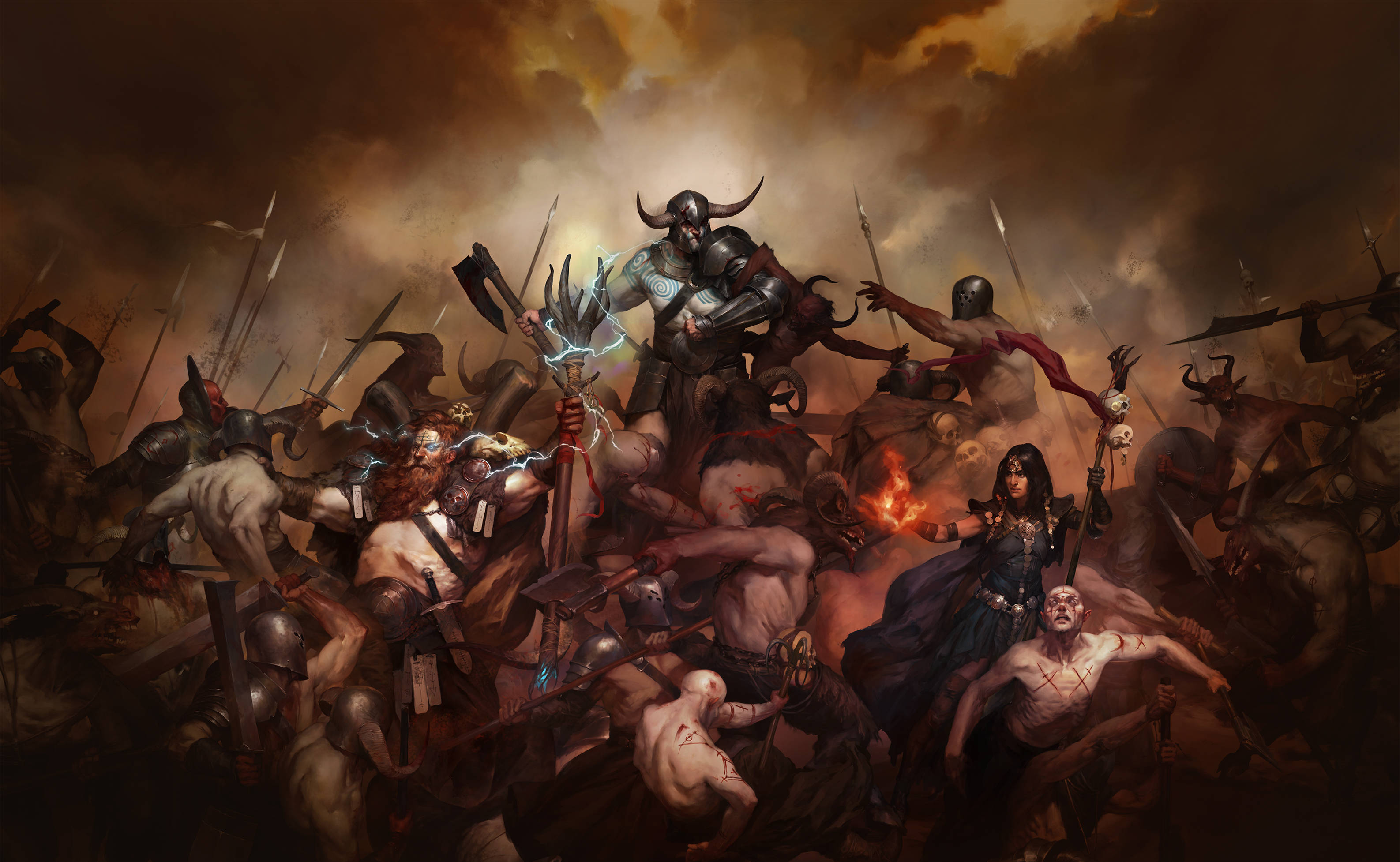 Diablo 4 戰鬥與對決 壁紙 — 在暴風雨的天空下，裝甲戰士與怪物般的身影激烈衝突的混亂戰鬥場景。