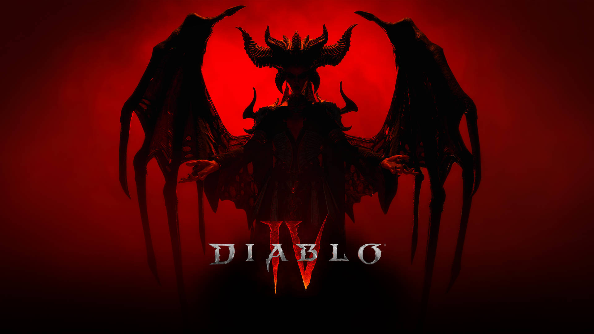 一個帶有翅膀和角的黑暗惡魔身影，在紅色背景上帶有 Diablo IV 標誌。