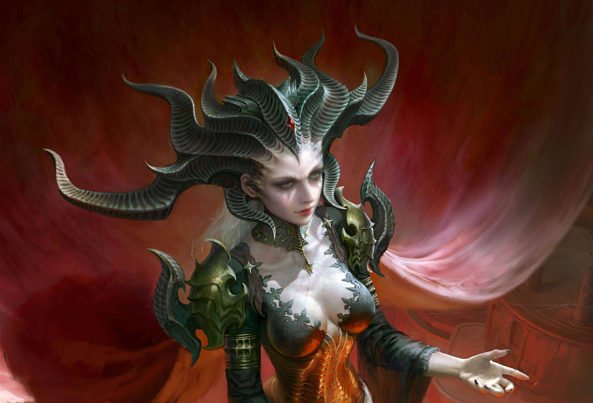 奇幻惡魔女王，頭戴華麗角飾，身穿骷髏盔甲，背景為深紅色漩渦。