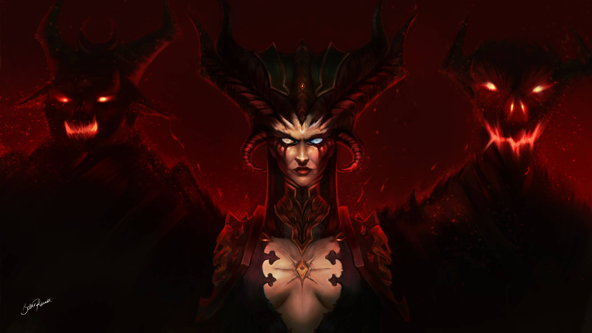 一個帶有發光眼睛和角的女惡魔被陰影怪物包圍。
