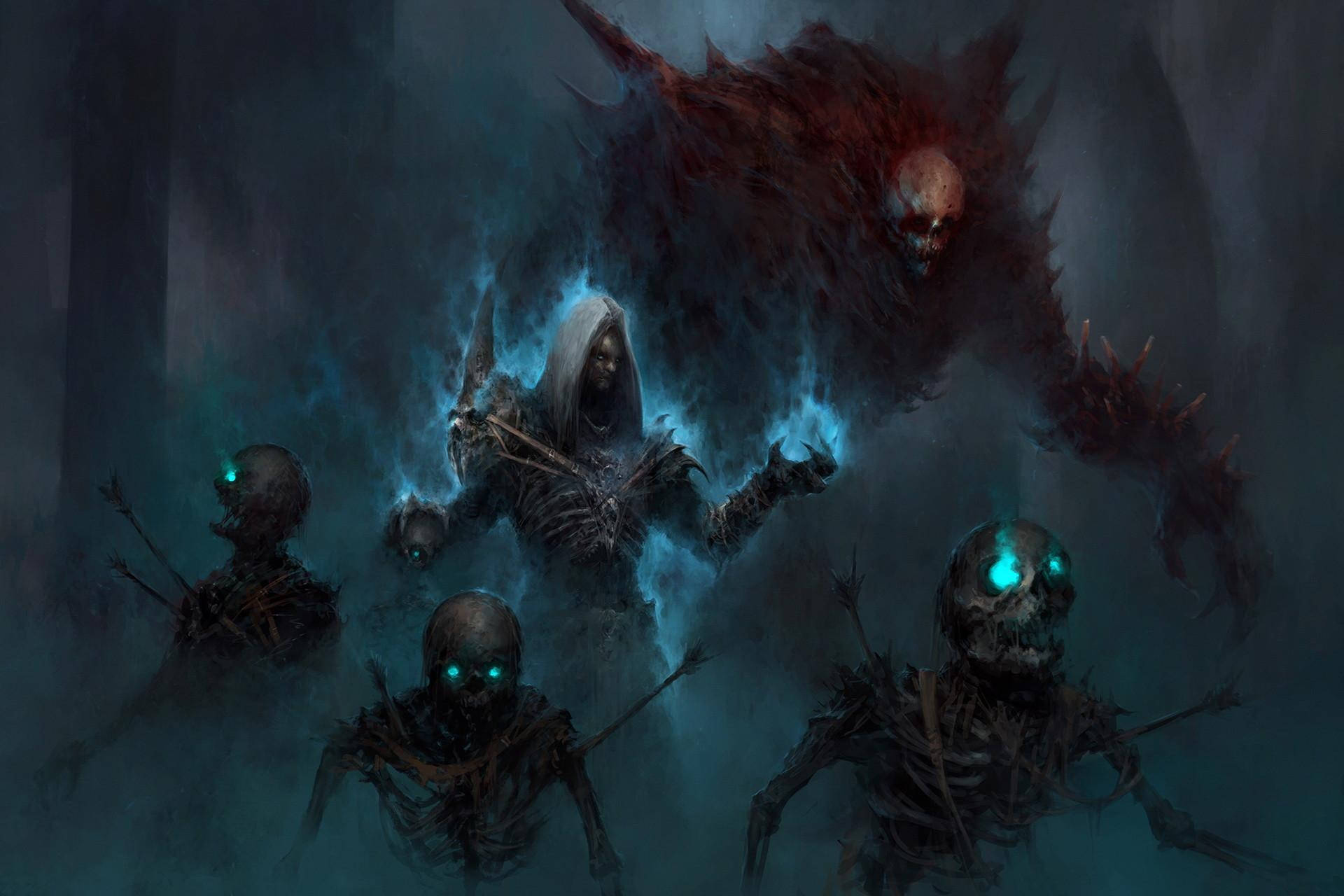 發光眼睛的骷髏戰士在黑暗霧氣森林中一隻 monstrous 野獸下方前進。