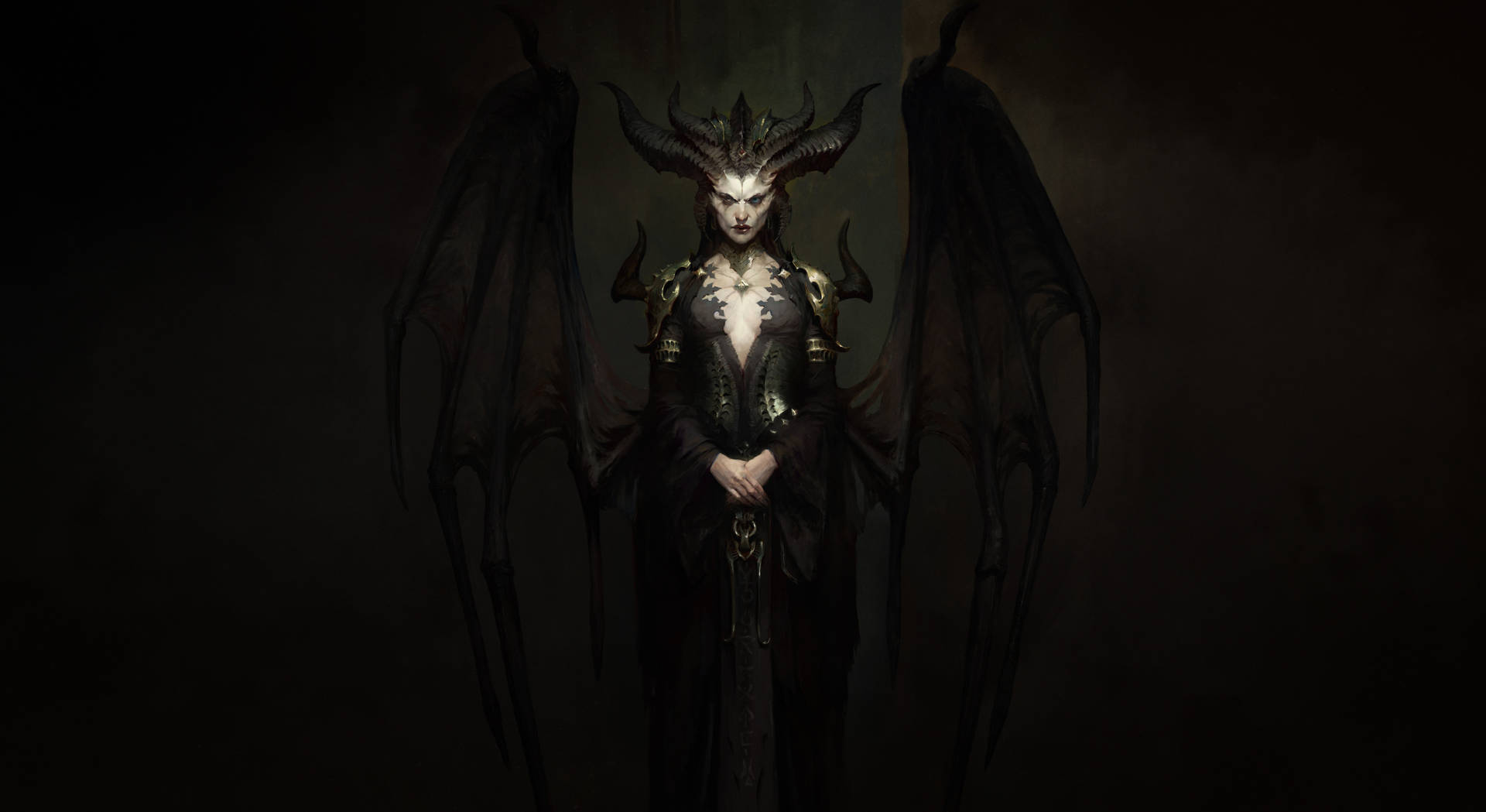 一個帶有翅膀和角的惡魔形象，穿著黑暗哥德式服裝。