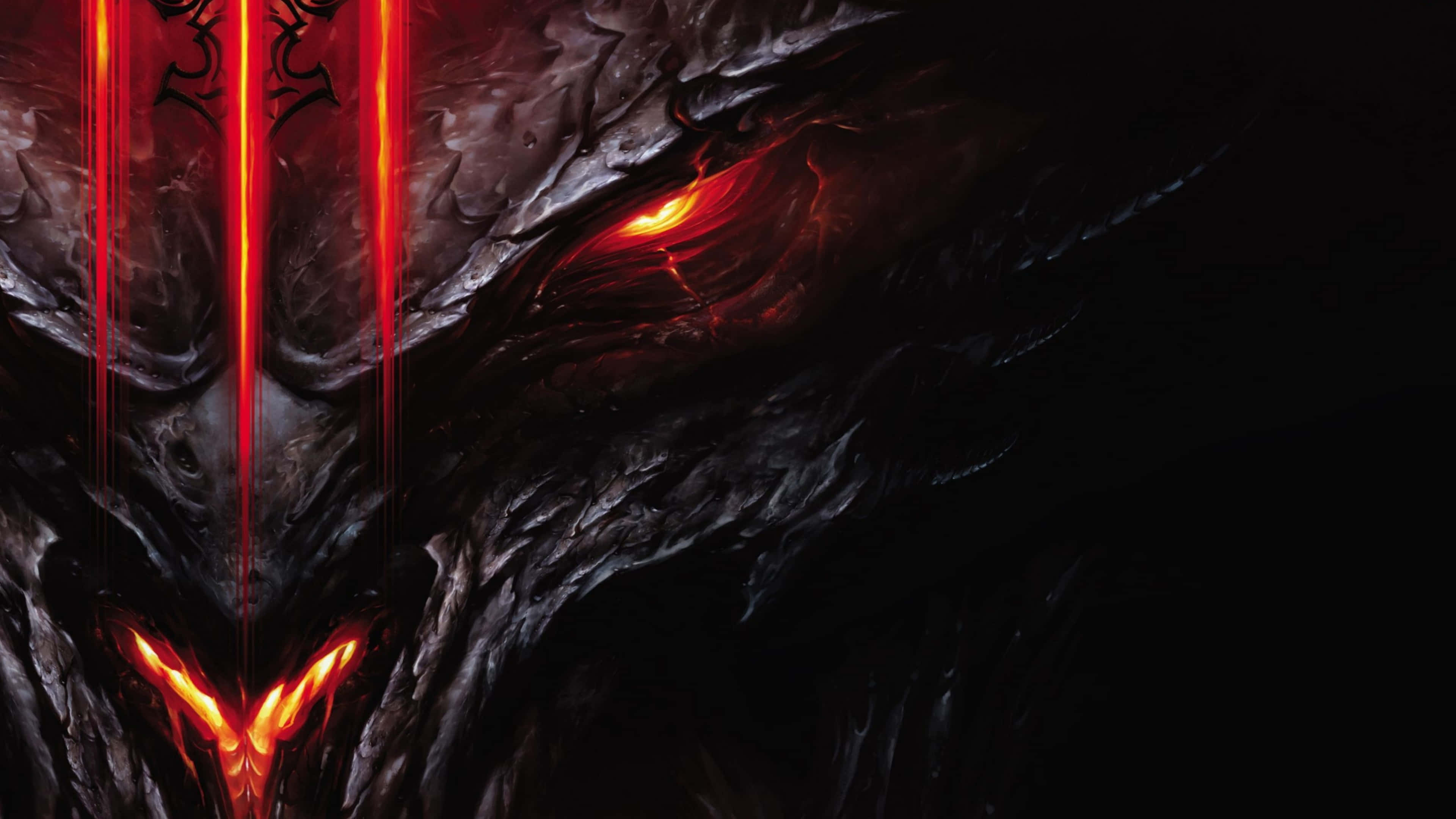準備踏入《Diablo 4K》的世界 壁紙 — 一個帶有發光紅眼和火焰標記的威脅性惡魔面孔，背景為深色。