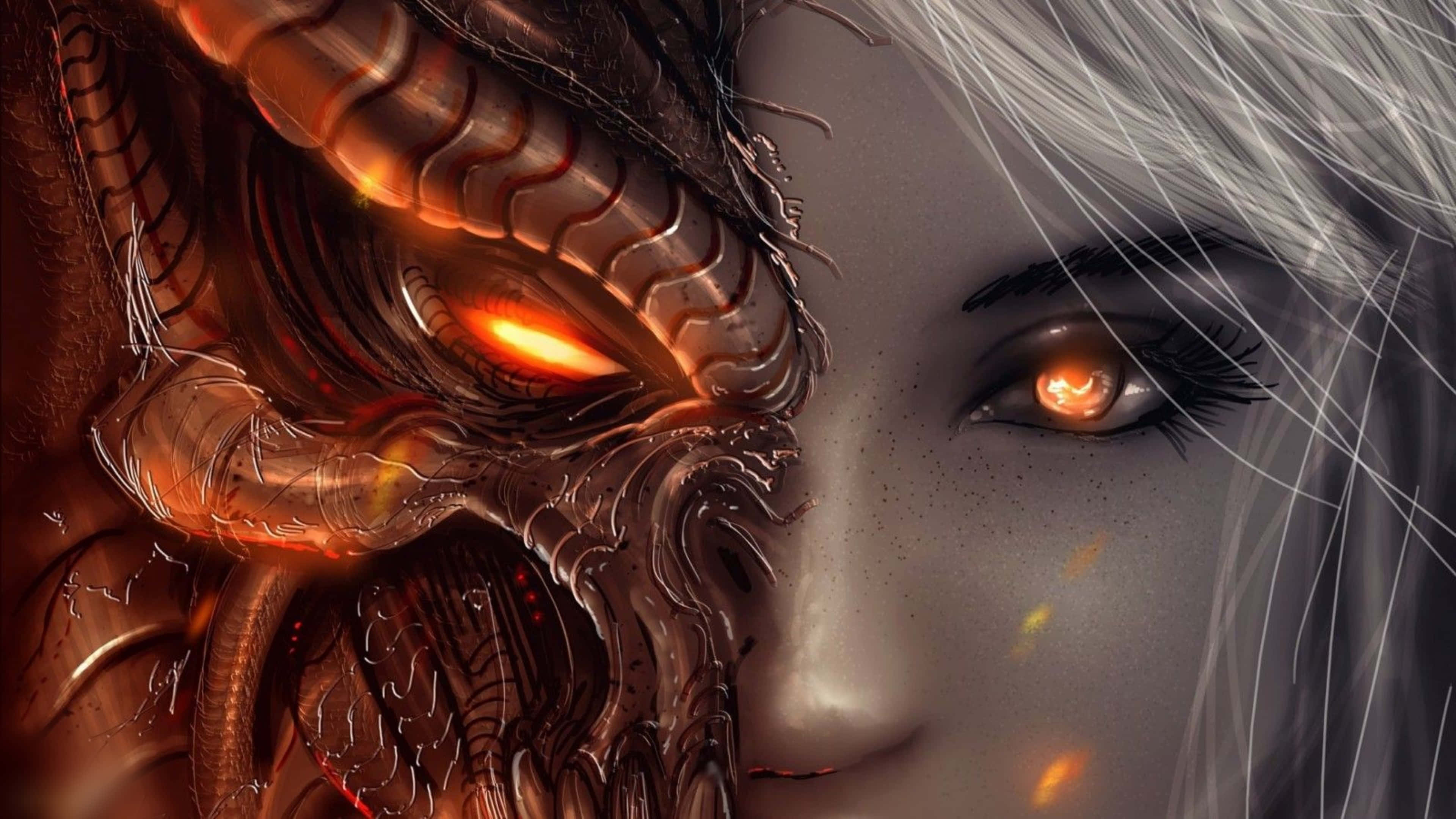 Diablo 4K 半龍半人女性特寫 壁紙 — 一個令人難忘的數碼藝術肖像，描繪一位擁有發光橙色眼睛的女性，旁邊是一個擁有火紅眼睛和金屬鱗片的惡魔面孔。