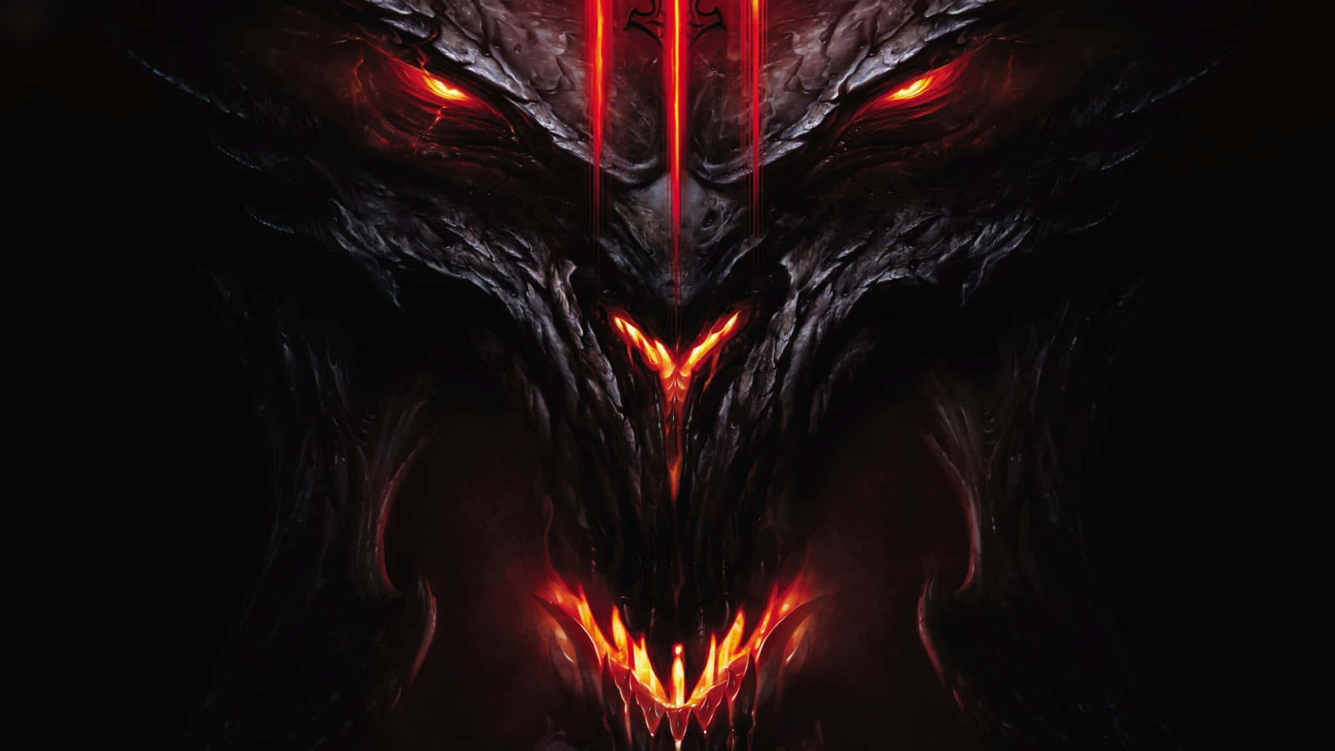Diablo 4K 黑龍臉部特寫 壁紙 — 一個帶有發光紅眼和火焰嘴巴的威脅性惡魔面孔，背景為黑色。