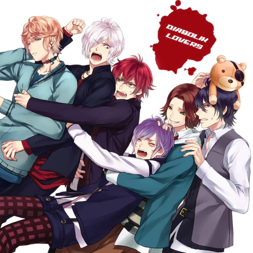 《DIABOLIK LOVERS》動畫角色 壁紙 — 六個動畫男孩以戲劇性的姿勢，帶著強烈的表情和一個紅色血濺標誌，上面寫著「DIABOLIK LOVERS」。