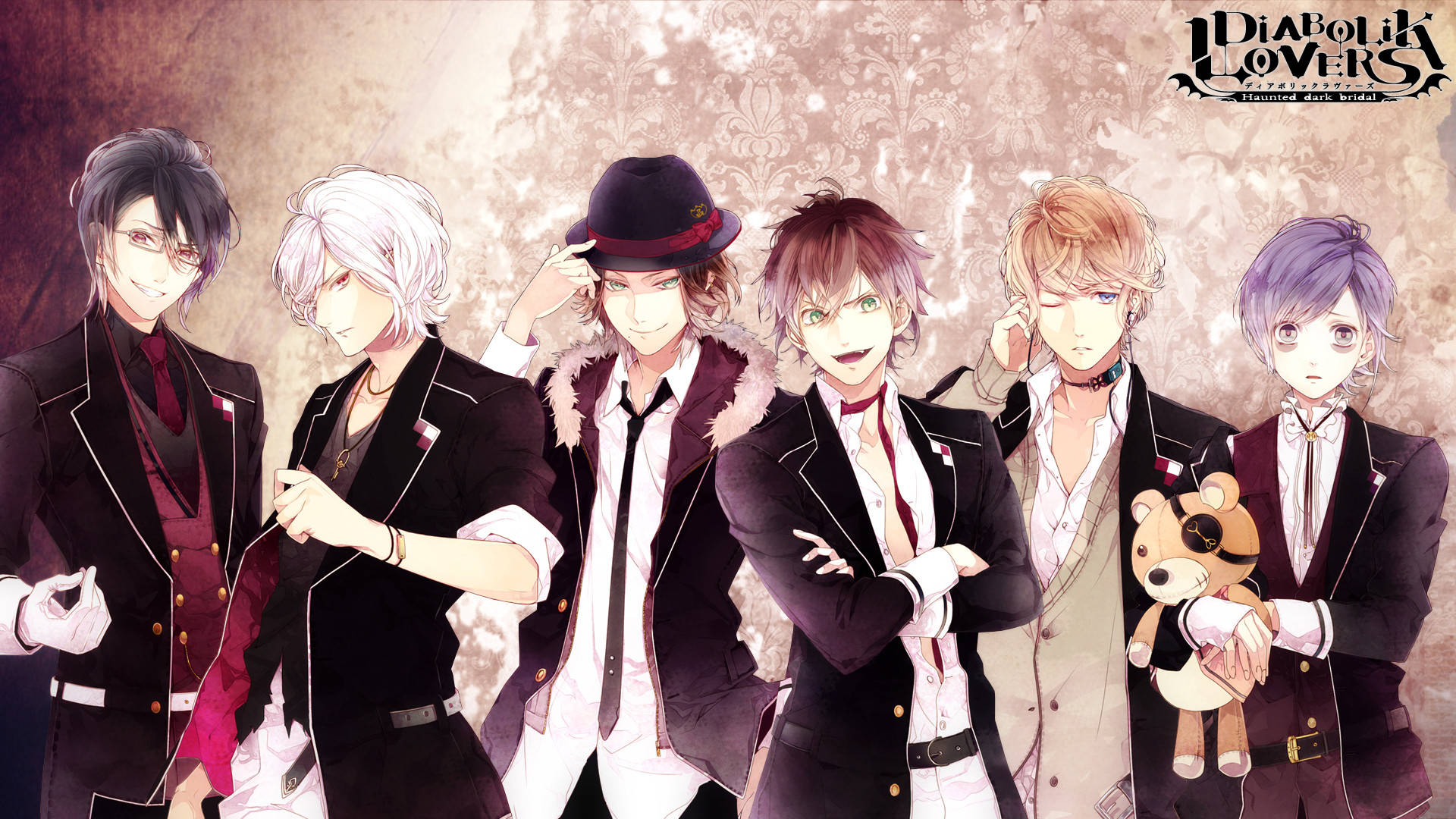 Diabolik Lovers 主要角色 壁紙 — 六個動漫男人穿著時尚黑色西裝，在復古花卉壁紙背景前自信地擺姿勢。