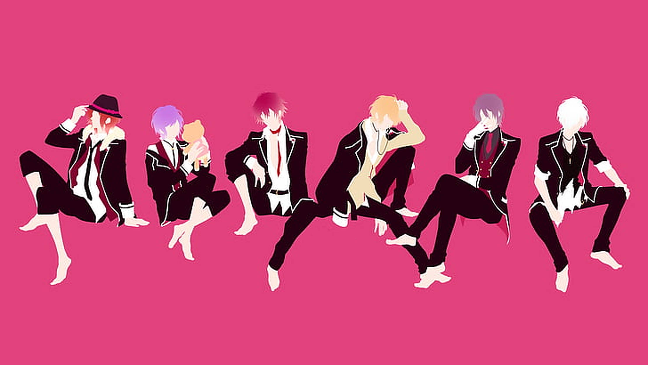 Diabolik Lovers 角色最簡風格藝術 壁紙 — 六個穿著黑色西裝的動畫男孩隨意地坐在充滿活力的粉紅色背景上，每個人都有獨特的髮色和姿勢。