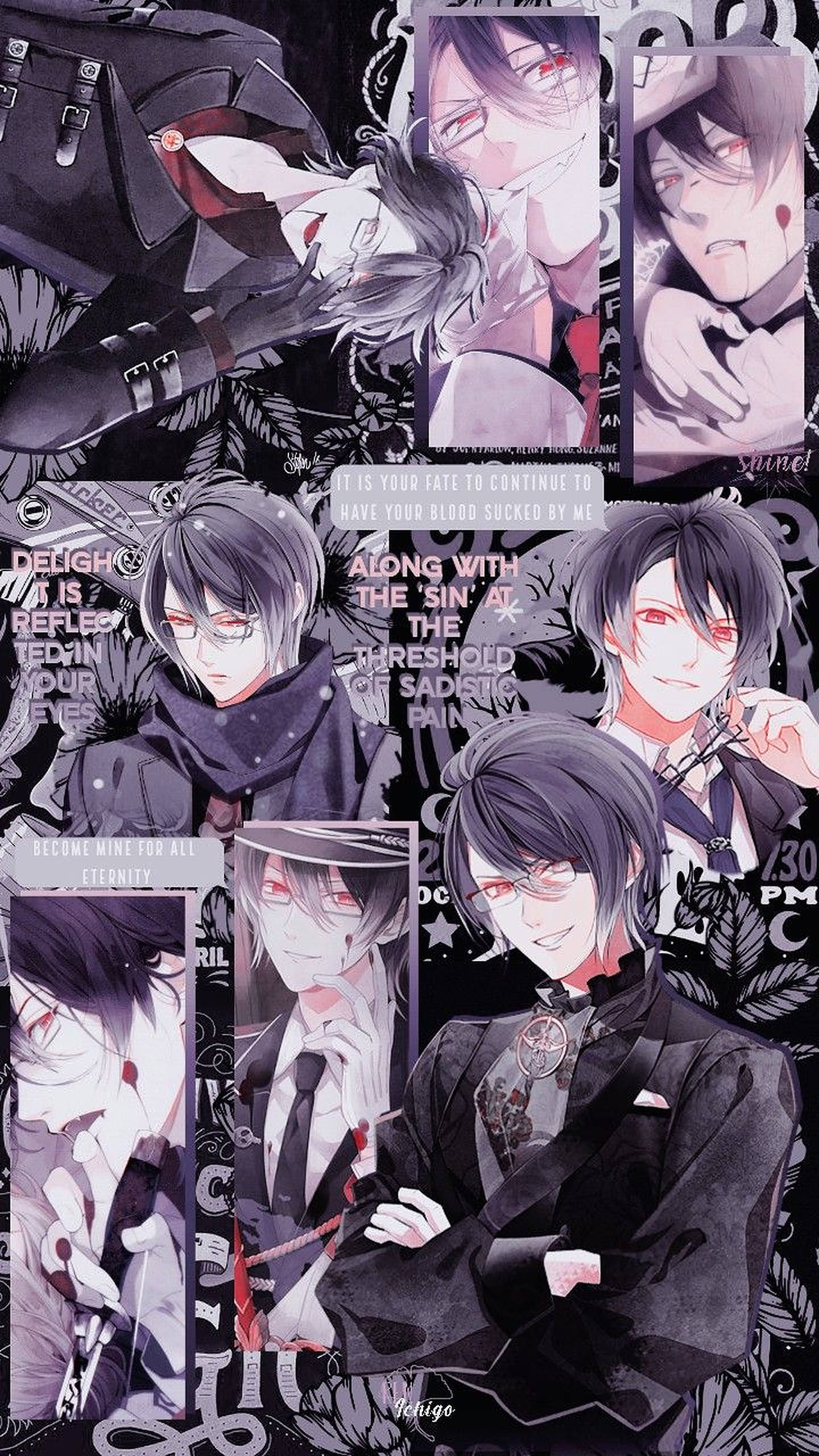 Diabolik Lovers 神川 Reiji 拼貼藝術 壁紙 — 一張動漫角色拼貼畫，角色身穿深色西裝、紅眼睛，並帶有哥德式文字，背景為黑色花卉圖案。