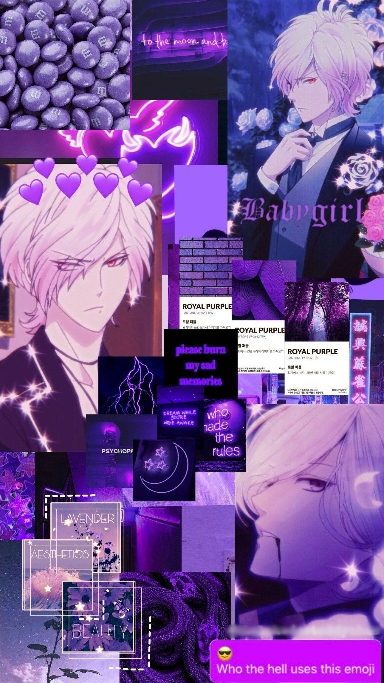Diabolik Lovers 紫色美學 壁紙 — 以紫色為主題的充滿活力的數位拼貼畫，以夢幻美學呈現動漫角色、心形、霓虹燈和文字疊加。
