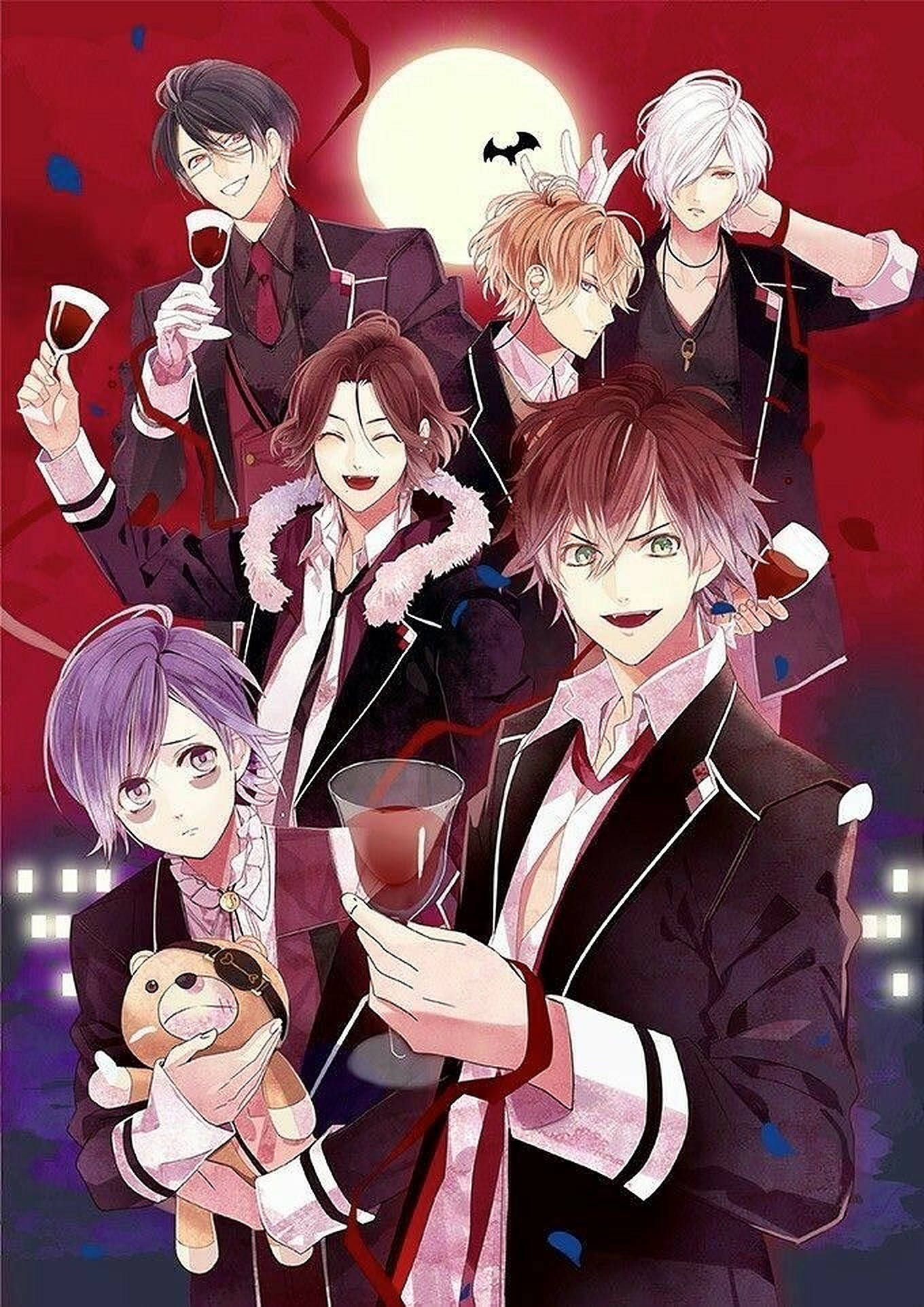 Diabolik Lovers 紅酒 壁紙 — 六個動漫角色穿著正式服裝，在紅色背景襯托下，與滿月和蝙蝠一起舉杯祝酒。
