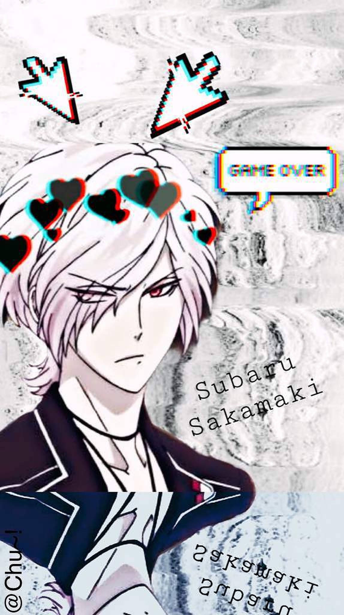 Diabolik Lovers 神川 Subaru 漫畫風格 壁紙 — 一個白髮紅眼的動漫角色悲傷地低頭，心形和「GAME OVER」文字漂浮在他的頭頂。