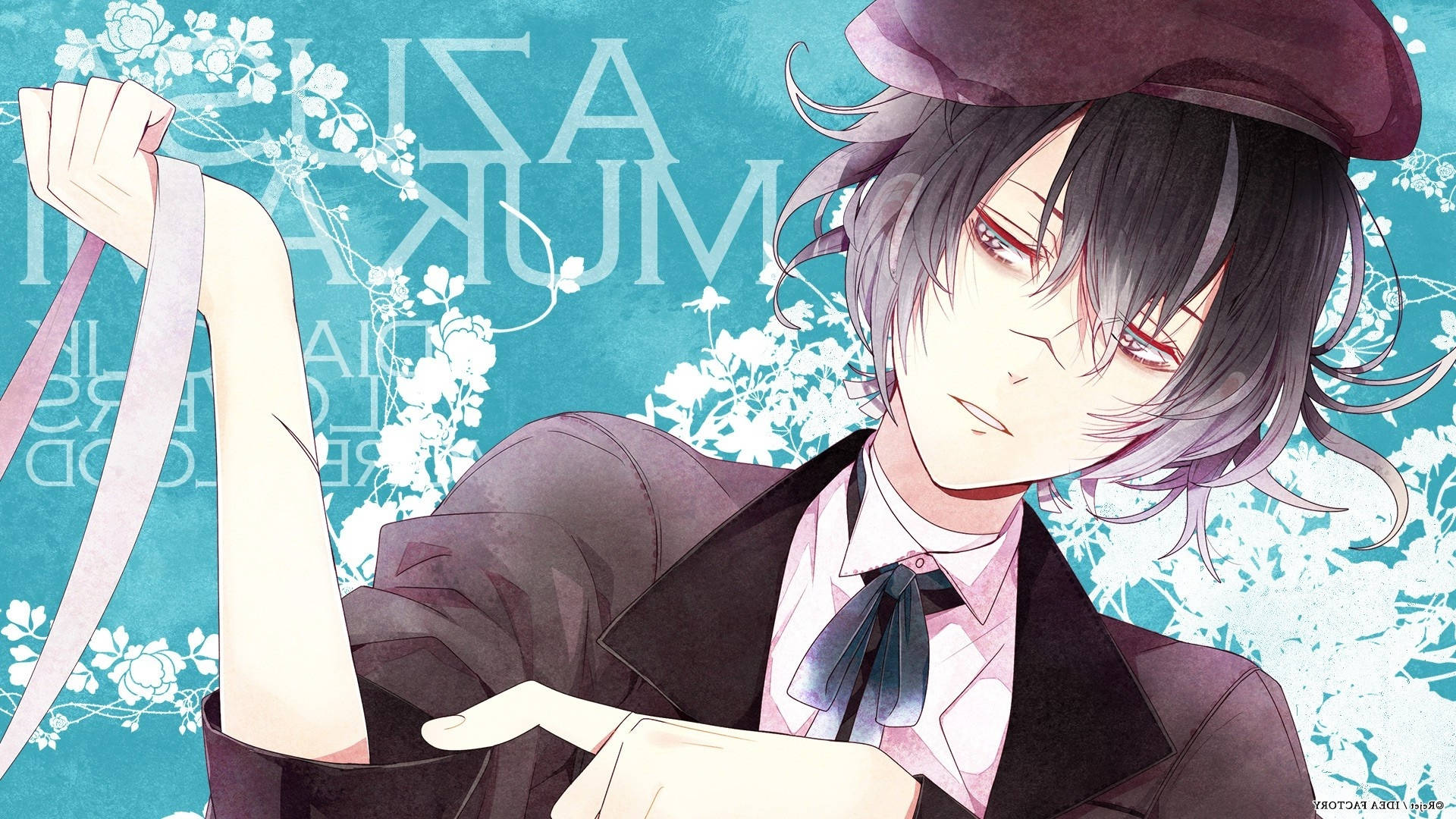 Diabolik Lovers 向井あずさ 壁紙 — 一個時尚的動漫男孩，黑髮紅眼，戴著紫色帽子和西裝，在花卉青綠色背景前拿著絲帶。