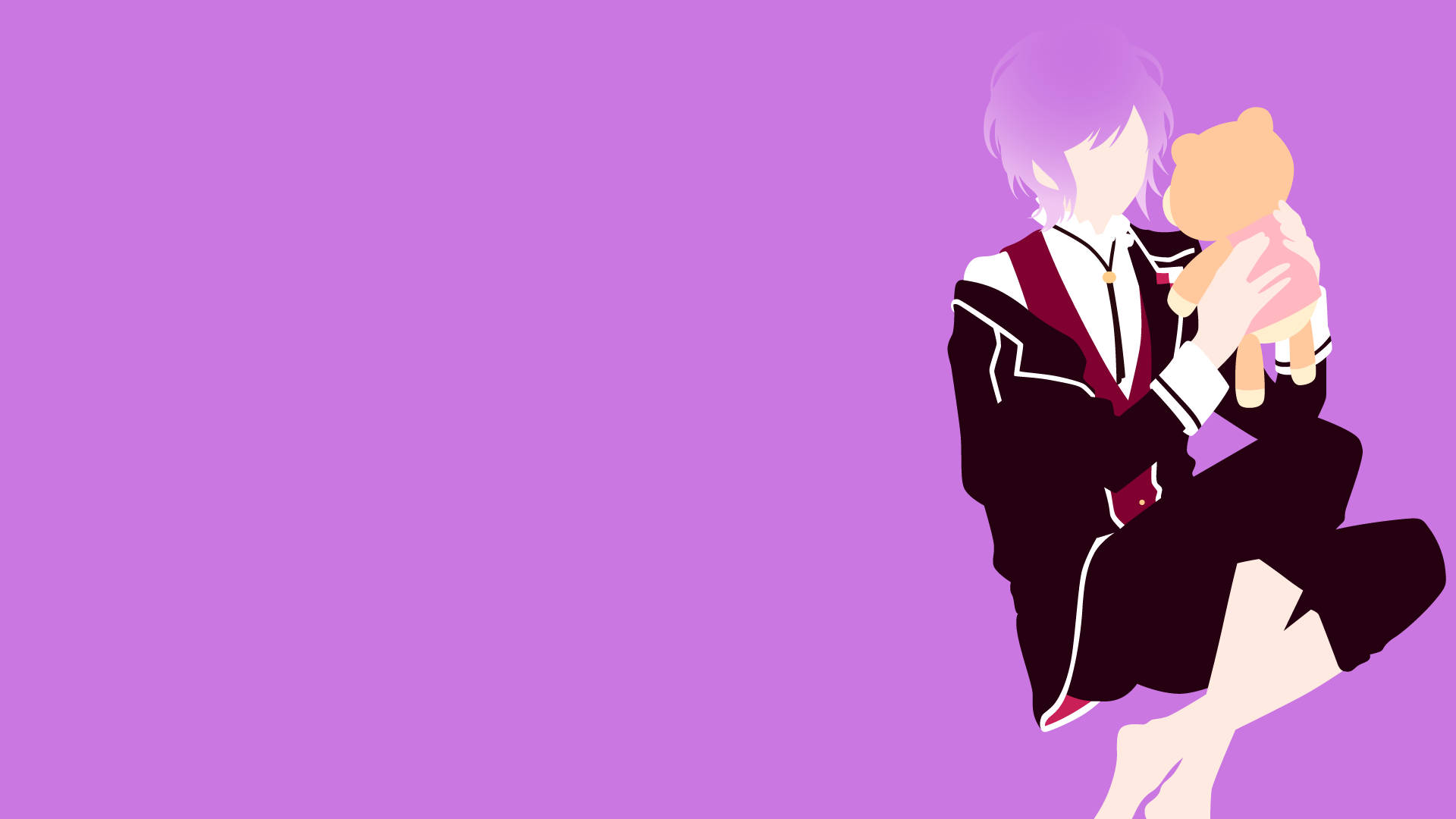 Diabolik Lovers Kanato 最簡主義藝術 壁紙 — 一個風格化的動漫角色，紫色頭髮，抱著一隻泰迪熊，坐在純薰衣草色背景前。