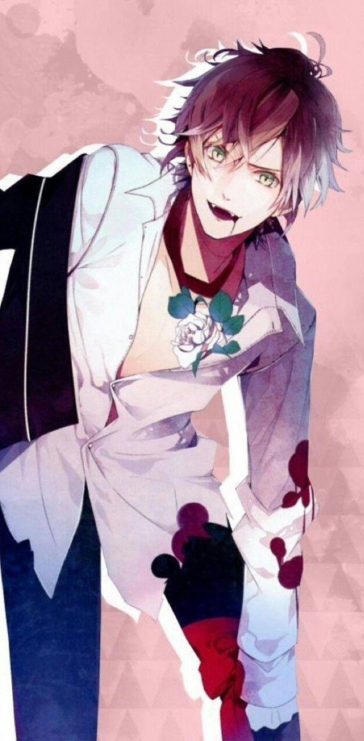 Diabolik Lovers 神川 Ayato 嘴部流血 壁紙 — 一個風格化的動漫吸血鬼，擁有綠色眼睛和深色頭髮，在柔和的粉紅色幾何背景上拿著一朵白玫瑰。