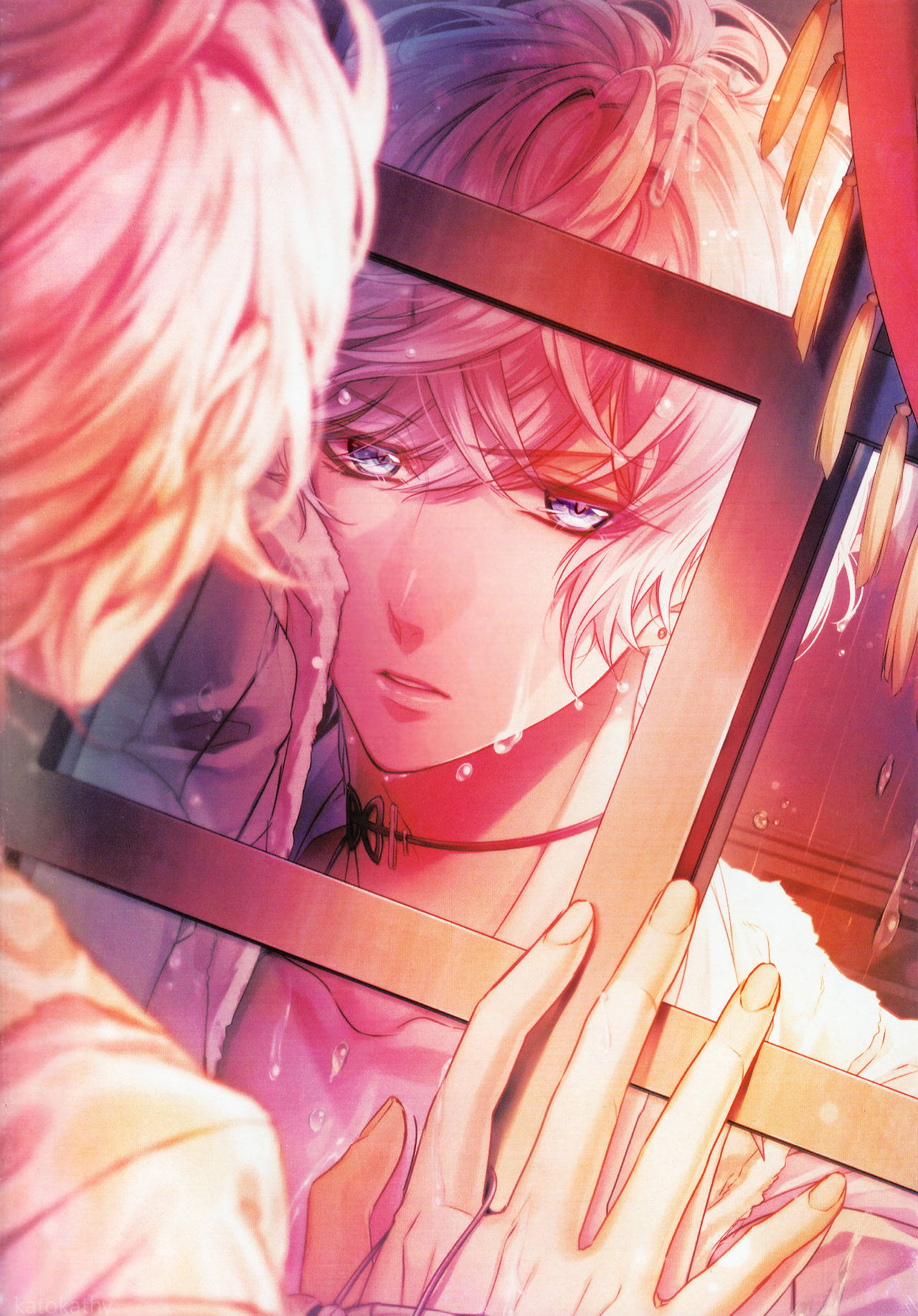 Diabolik Lovers 須藤 美學壁紙 壁紙 — 一個粉紅色頭髮的動漫角色在溫暖的金色光線中，凝視著自己在雨水浸濕的窗戶上佈滿淚痕的倒影。