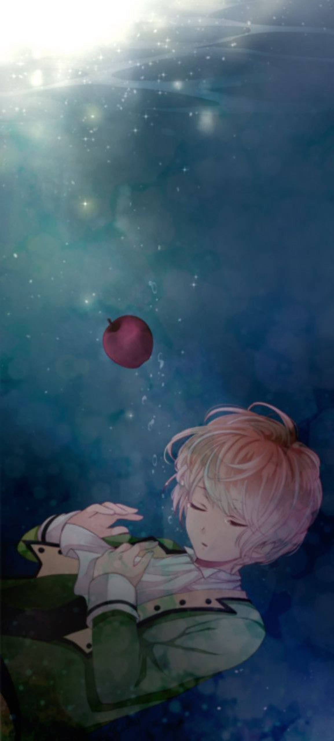 Diabolik Lovers 神川 Shu 淹沒 壁紙 — 一個平靜的動畫男孩，粉紅色頭髮，漂浮在水下，伸手去拿一個紅蘋果，陽光透過藍色深處照射進來。